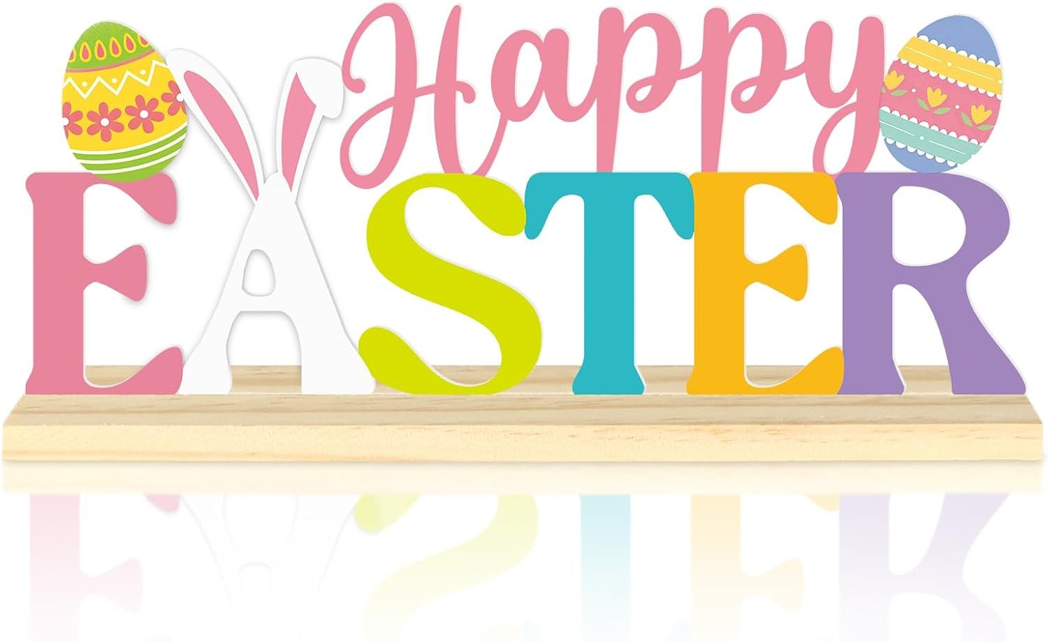 Happy Easter Metal Table Sign, Easter Table Decoration Centerpiece, Metal Letter Sign with Wooden Base,Colorful Spring Tabletop Decor for Home, Office, Shelf, Mantel, Indoor