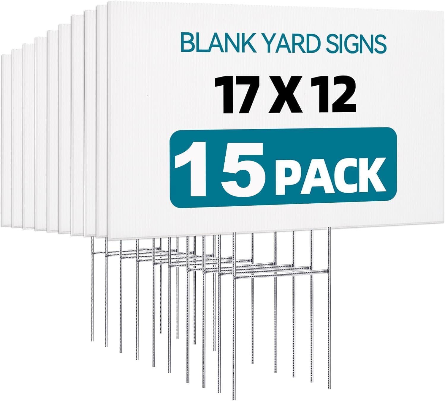 USCNC 15 Pack Lawn Signs Corrugated Plastic 17×12 Inches Blank Yard Signs with Stakes for Yard Sale Sign Outdoor, Garage Sale, Open House, Estate Sale, Guidepost, Birthday Party
