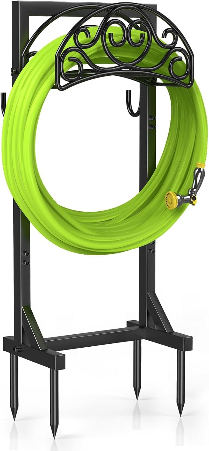 Freestanding Garden Hose Stand, Heavy Duty Water Hose Holder with Tool Hooks, 4 Anchoring Spikes, 150 ft Storage for Yard & Lawn