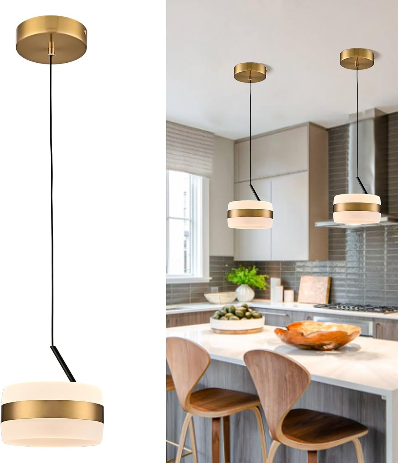 Mid Century Modern Gold LED Pendant Light, Mini Hanging Pendant Lamp with White Frosted Acrylic Shade, 16W Semi Flush Mount Pendant Light for Kitchen Island, Bedroom, Bathroom Vanity, Hallway