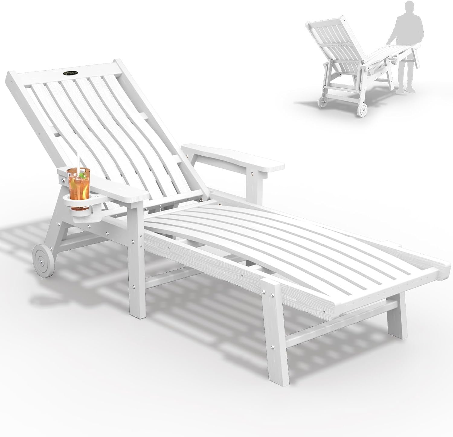 THOEOE Patio Chaise Lounge Chair, Oversized Lounge Chair Outdoor with 5 Positions, 78″ Long, HDPE, Patio Lounge Chair with Wheels & Cup Holder for Pool, Deck, Poolside,White