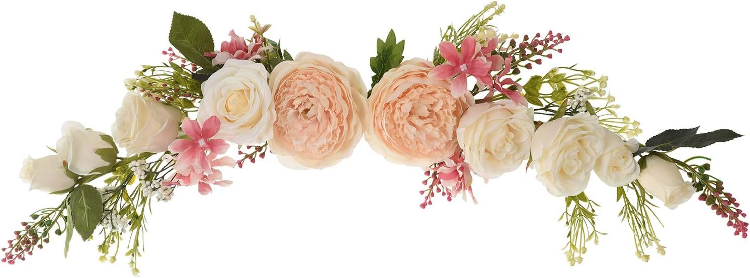 Lvydec Artificial Peony Flower Swag, 25 Inch Decorative Swag with Champagne Peony White Rose and Green Leaves for Wedding Arch Front Door Wall Decor