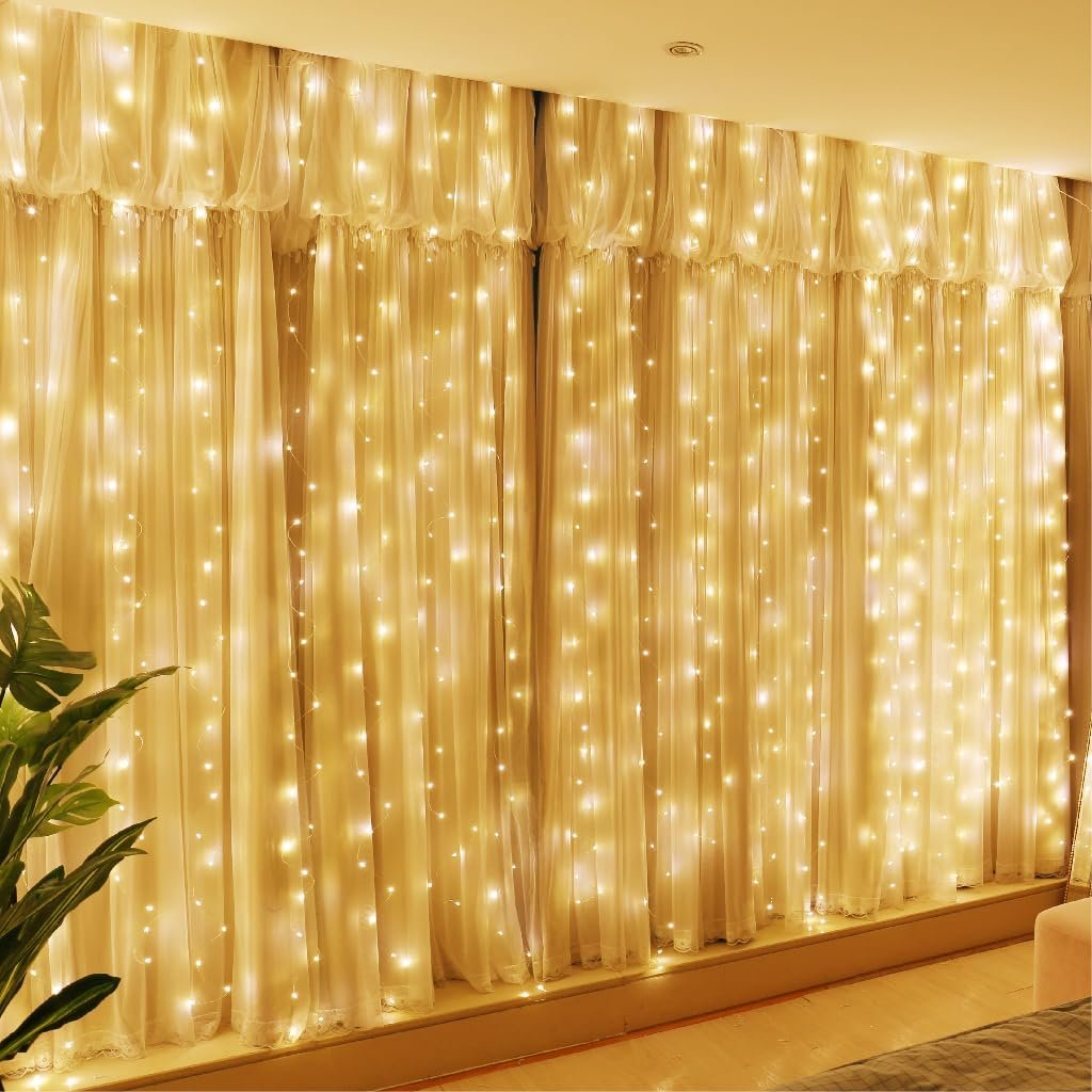 HXWEIYE 300LED Fairy Curtain Lights, 9.8×9.8Ft USB Plug-in 8 Modes Christmas String Hanging Lights with Remote for Bedroom Backdrop Wedding Indoor Wall Decor, Warm White, Standard – 1 Pack