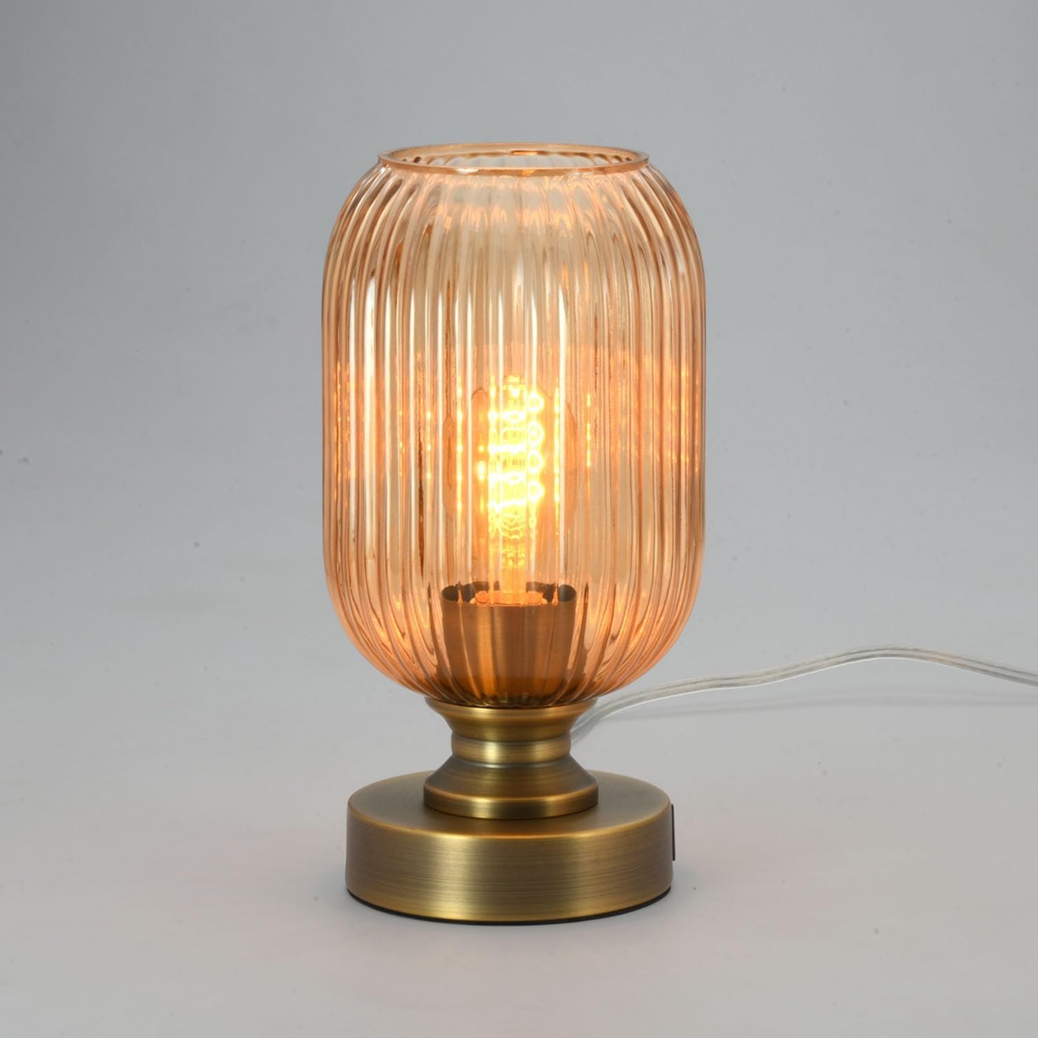 Mid Century Glass Table Lamp,Dimmable Desk Lamp,LED Bulb Included,Touch Control & USB A+C Port,Cognac Amber Ribbed Glass