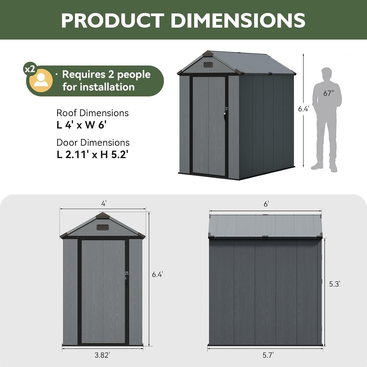 Aoxun 4×6 FT Resin Shed with Reinforced Floor, Outdoor Storage Shed, All-Weather Plastic Tool Storage with Lockable Door, Window & Vents for Garden, Patio, Bike & Garbage Can, Dark Gray