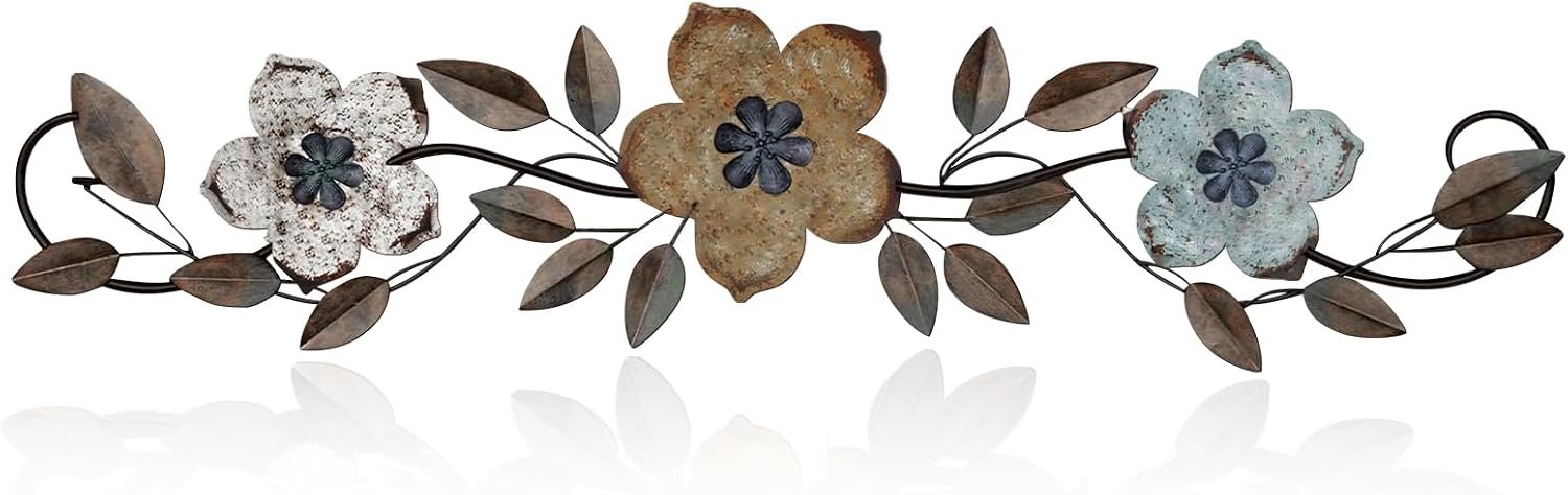Wesiti Metal Flower Wall Decor Vintage Metal Flower Wrought Iron Scroll Sculpture 15.7”x3.7” Not 3D, Flat Farmhouse Leaf Wall Decor with Nails for Summer Bedroom Kitchen Indoor Outdoor(Colorful)