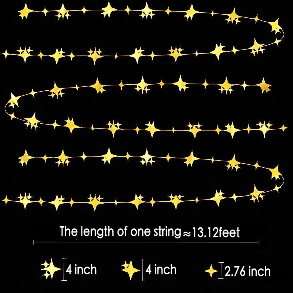 Glitter Gold Four-Angle Star Paper Garland Banner Décor 40 Feet Gold Twinkle Star Hanging Bunting Banner Backdrop for Wedding Baby Shower Birthday Graduation Disco Party Decorations
