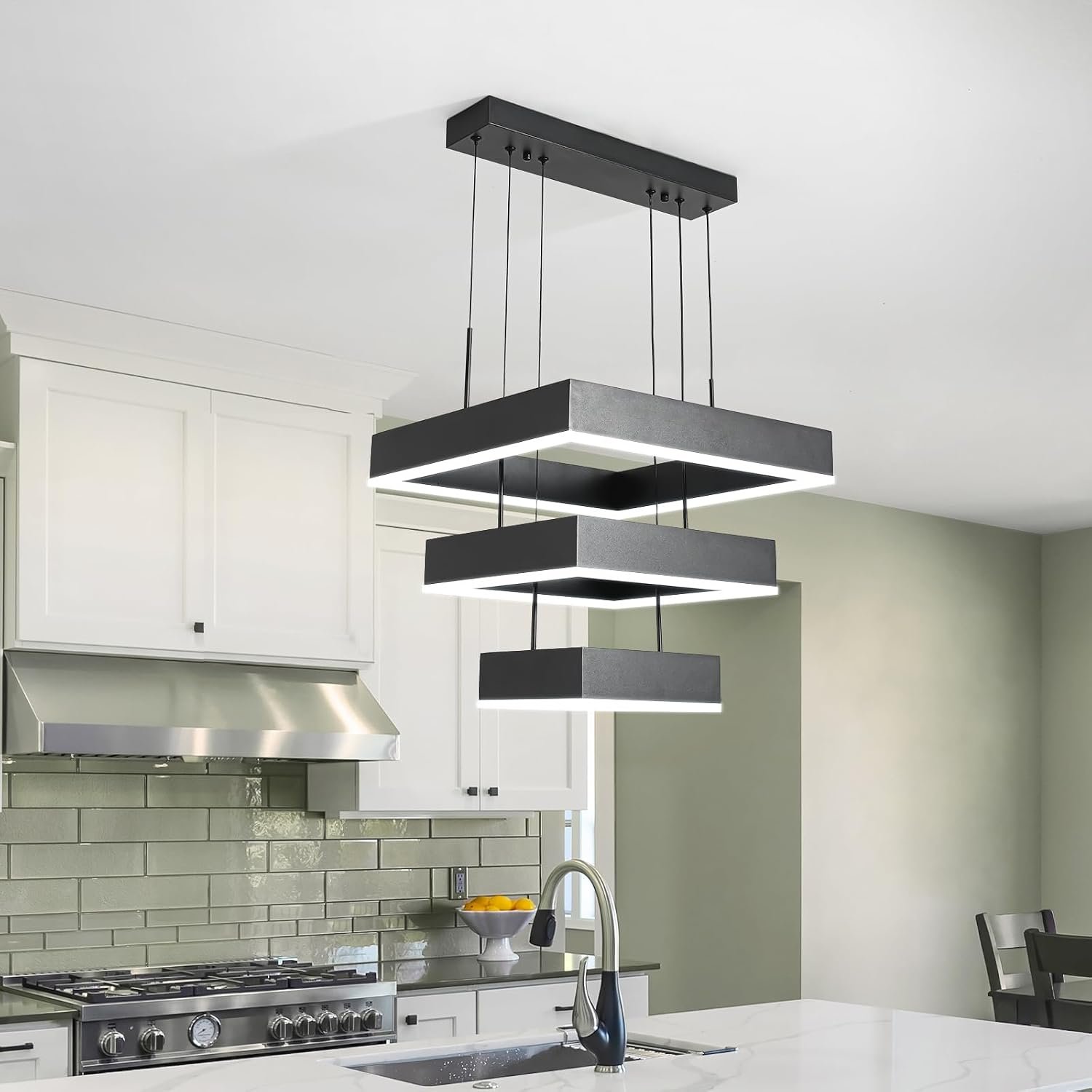 O’NEELDY Modern Chandelier 58W LED Black Pendant Light Embedded Mount Square Rings LED Chandeliers Dining Room Light Fixtures for Kitchen Bedroom, 6000K