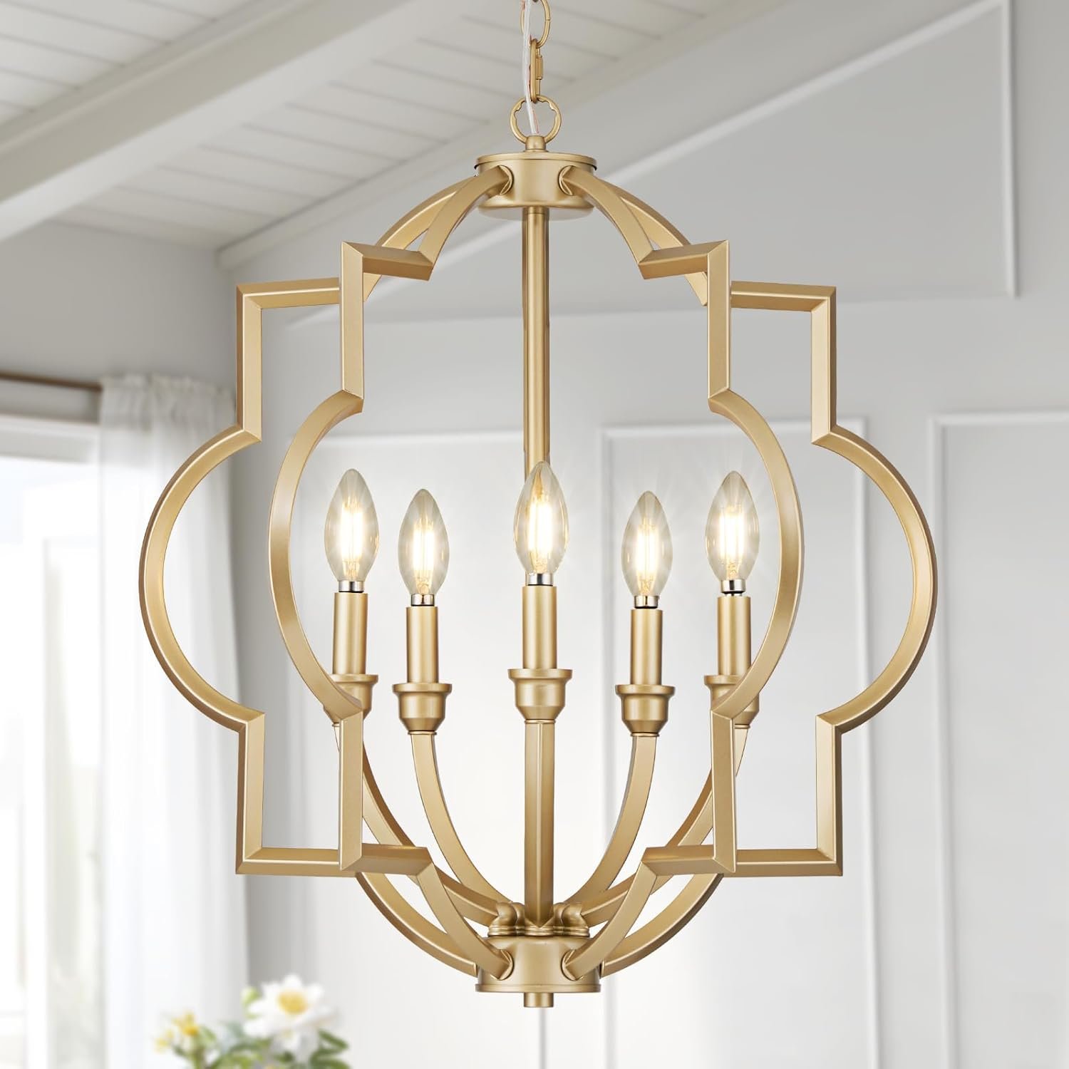 5-Light Gold Farmhouse Pendant Hanging Light Fixtures, 22″ Rustic Globe Chandelier for Kitchen Island, Dining Room, Living Room, Hallway, Entryway