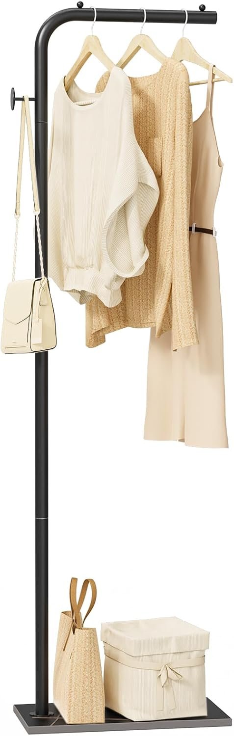 OUTBROS Coat Rack, Portable L-shaped Clothes Rack with Hook, Modern Hanger, Sturdy Freestanding Metal Clothing Rack, Used in Bedroom, Entrance and Living Room, 15.3×10.2×70.8 inch, Black