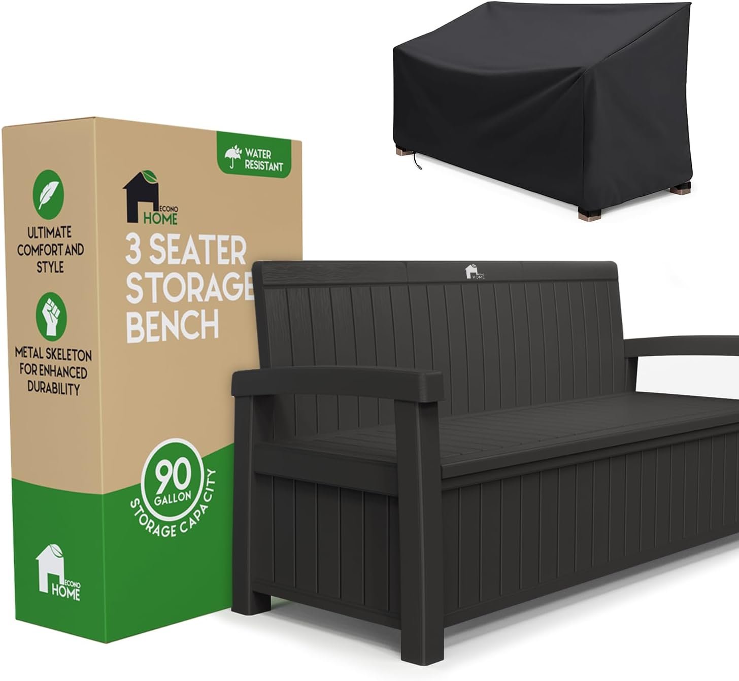 EconoHome 3 Seat Outdoor Storage Bench with Rain Cover – 90 Gallon Capacity – Weatherproof Resin Bench for Patio, Porch, Garden, Yard, Pool Area – Furniture for Pool Accessories, Gardening Tools