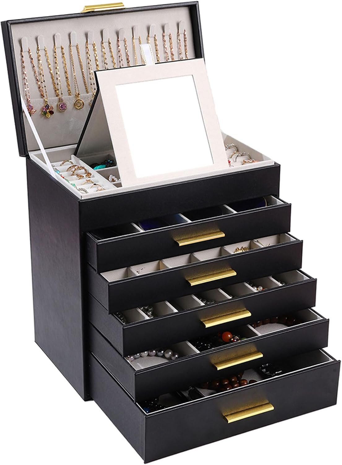 BOOVO Jewelry Boxes for Women, White and Black 6 Layer Large Jewelry Box for Necklace, Bracelet, Earrings, Rings Storage, Jewelry holder Organizer for Girls Gift (Black and Gold, 6 layer)