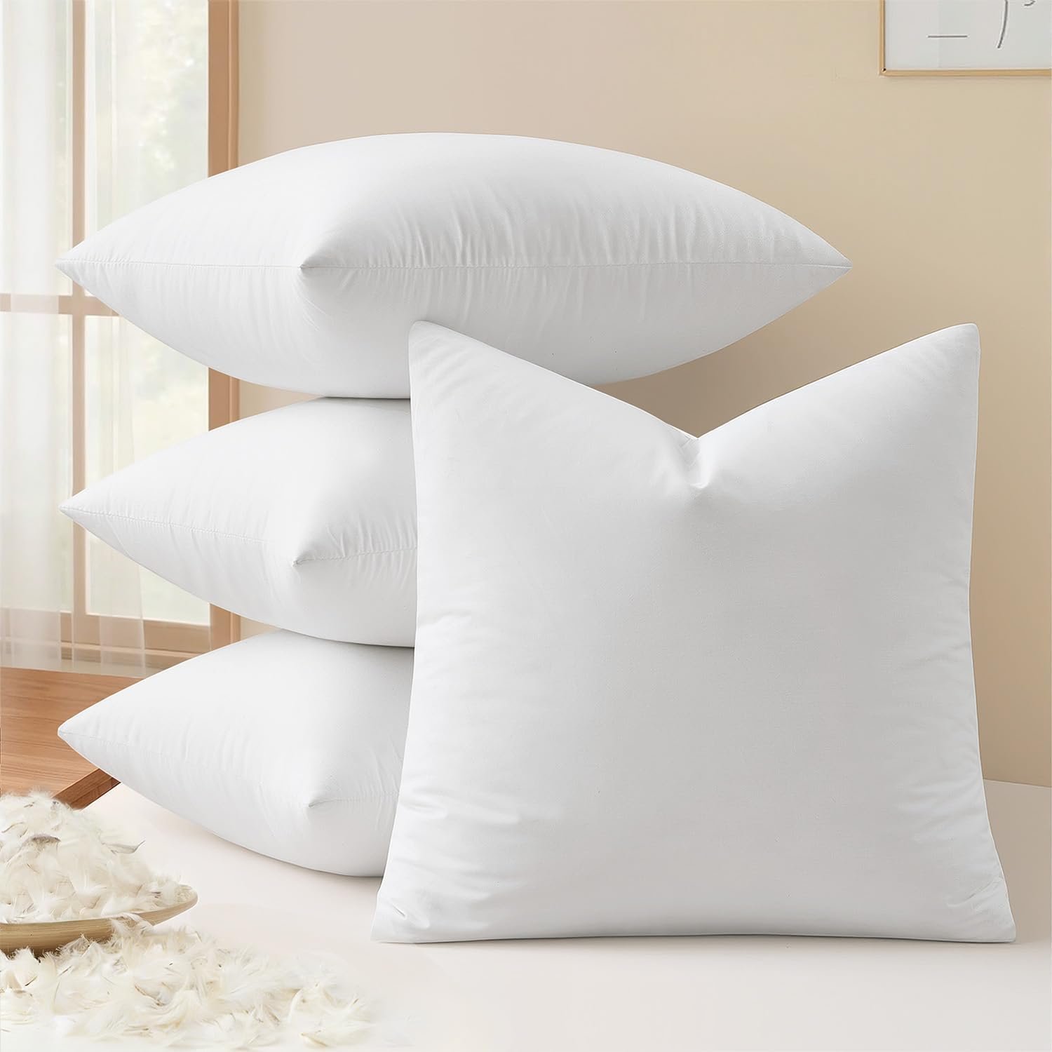 MIULEE Pack of 4 18×18 Pillow Inserts, Premium Feather and Down Decorative Throw Pillows, Fluffy and Choppable, Cotton Fabric for Sofa Bed Couch