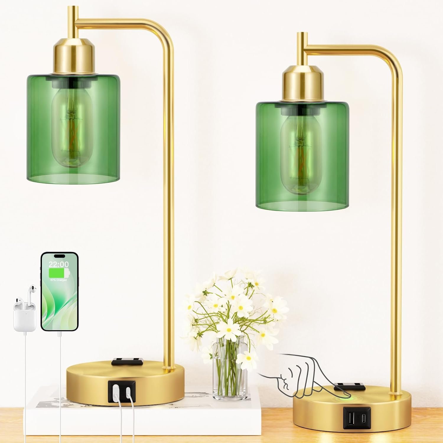 Innqoo Industrial Green Table Lamps for Bedrooms Set of 2-3-Way Dimmable Desk Lamp with USB C+A Ports and Outlet, Gold Lamps with Green Glass Shade for Living Room