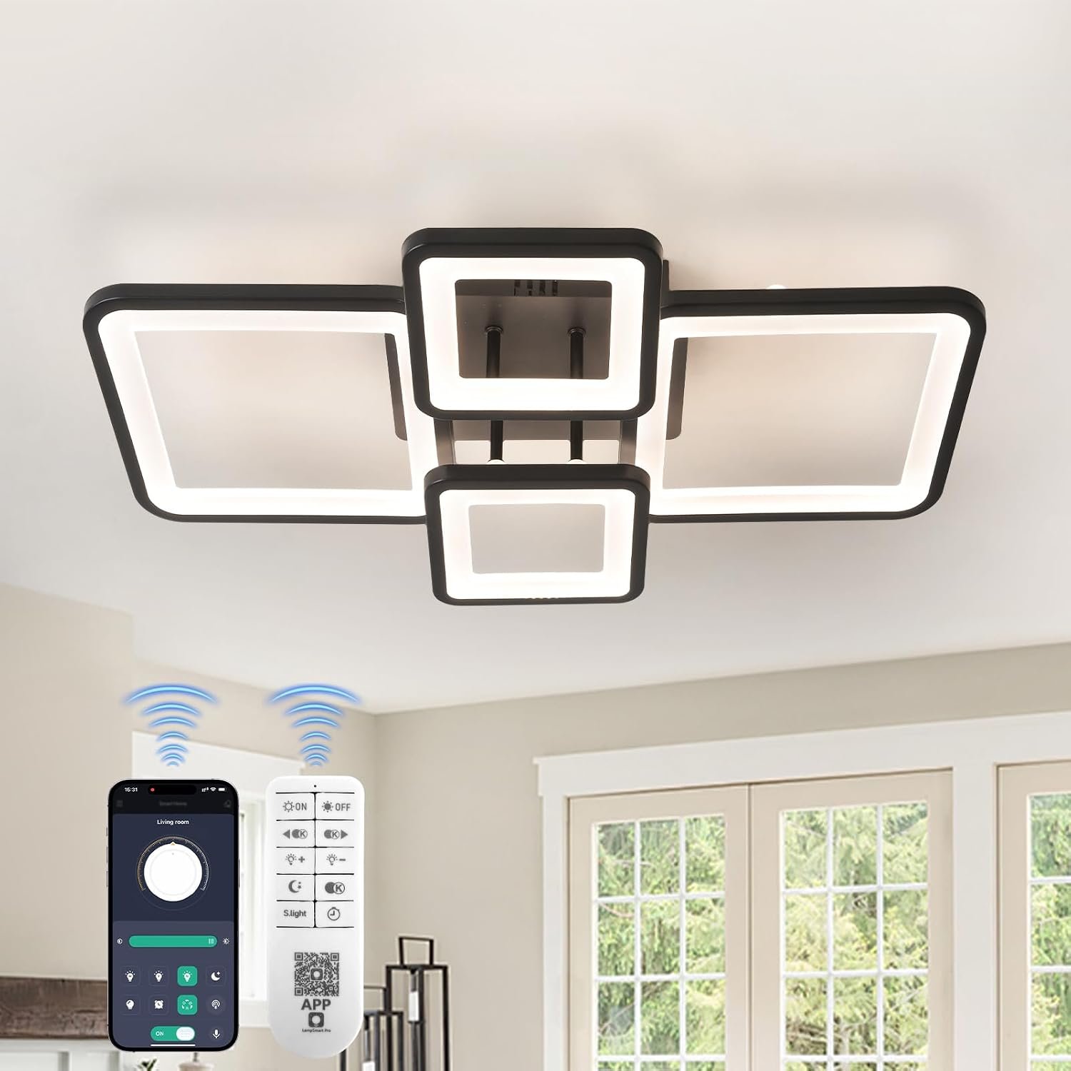 24″ 42W Light Fixtures Ceiling Mount 1432LM Living Room Light Fixture | 3000-6500K Remote control APP Adjustable color temperature brightness Memory function Night light for Bedroom Kitchen Modern