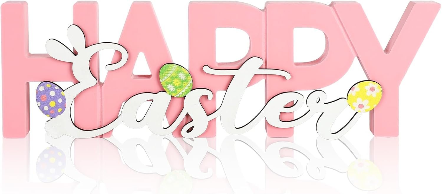 COCHIE Wooden Happy Easter Sign, Spring Decorations for Home, Office, Shelf, Mantel, Indoor, Wood Bunny Ear Egg Decor, Pink Spring Table Top Party Supplies Decoration (Easter)