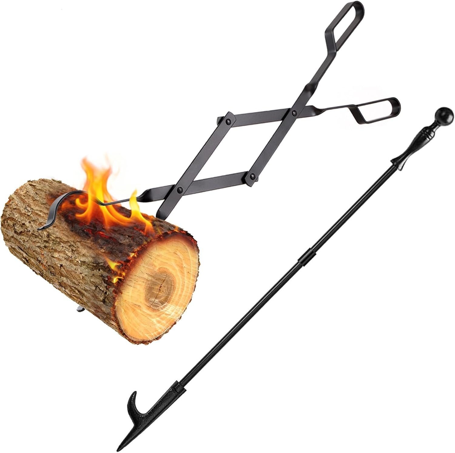 Heavy Duty 32” Long Fireplace Fire Pit Campfire Poker Stick and 26” Fireplace Tongs Tool Set Log Grabber Rust Resistant fire poker Camping Fireplace Tools for Indoor Outdoor Solo Stove Accessories