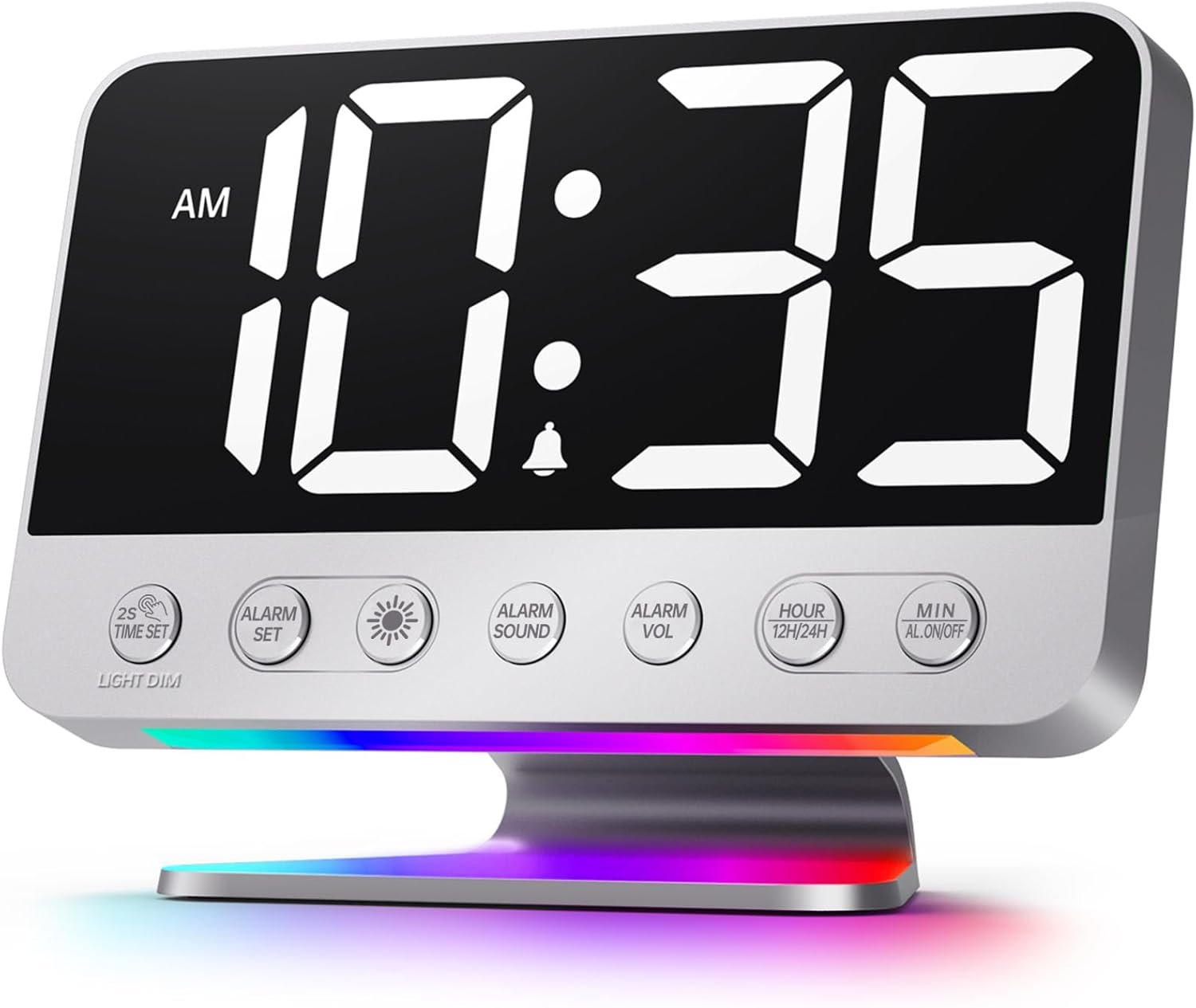 Odokee Digital Alarm Clocks for Bedrooms: Large Bold Number 5 Brightness Dimmer – Easy to Read Across The Room – 5 Alarm Sound 8 Night Light – Silver