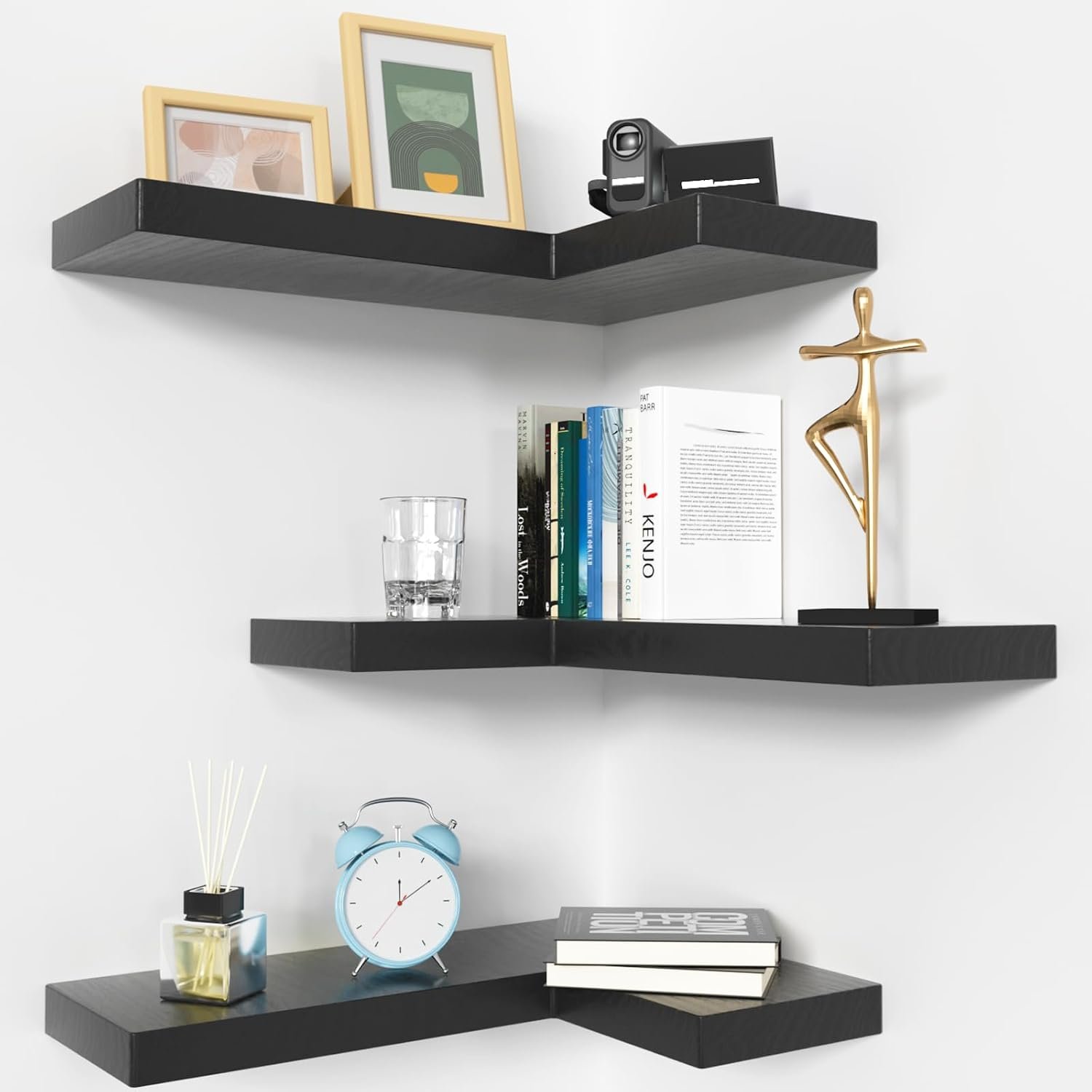 NATURE’S SOURCE Corner Floating Shelves with Invisible Brackets, Corner Shelves Wall Mounted Set of 3, Bedroom Bathroom Kitchen Living Room Office- Gothic Style 16.6″ x 6″ (Black)