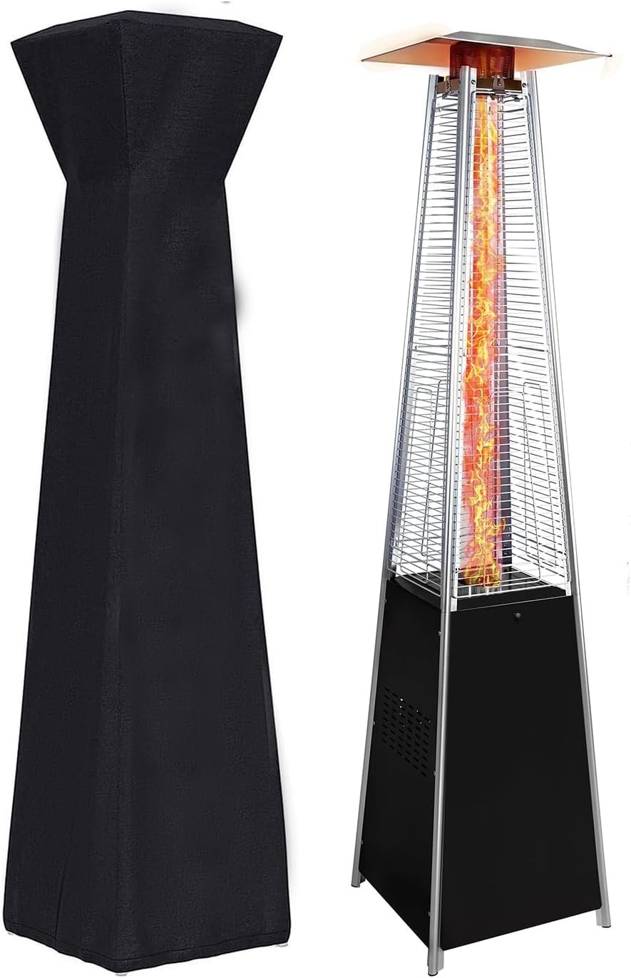 48,000 BTU Propane Patio Heater with Wheels, Quartz Glass Tube Pyramid Design, Includes Cover – Perfect for Parties, Backyard, Garden, Poolside, Commercial & Residential Use (Black)
