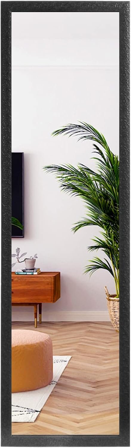LFT HUIMEI2Y Door Mirror Full Length, Wall-Mounted Mirror Rectangle Tall with Engraving Frame for Bedroom, Living Room, Dressing Room, Black 50″ x14″