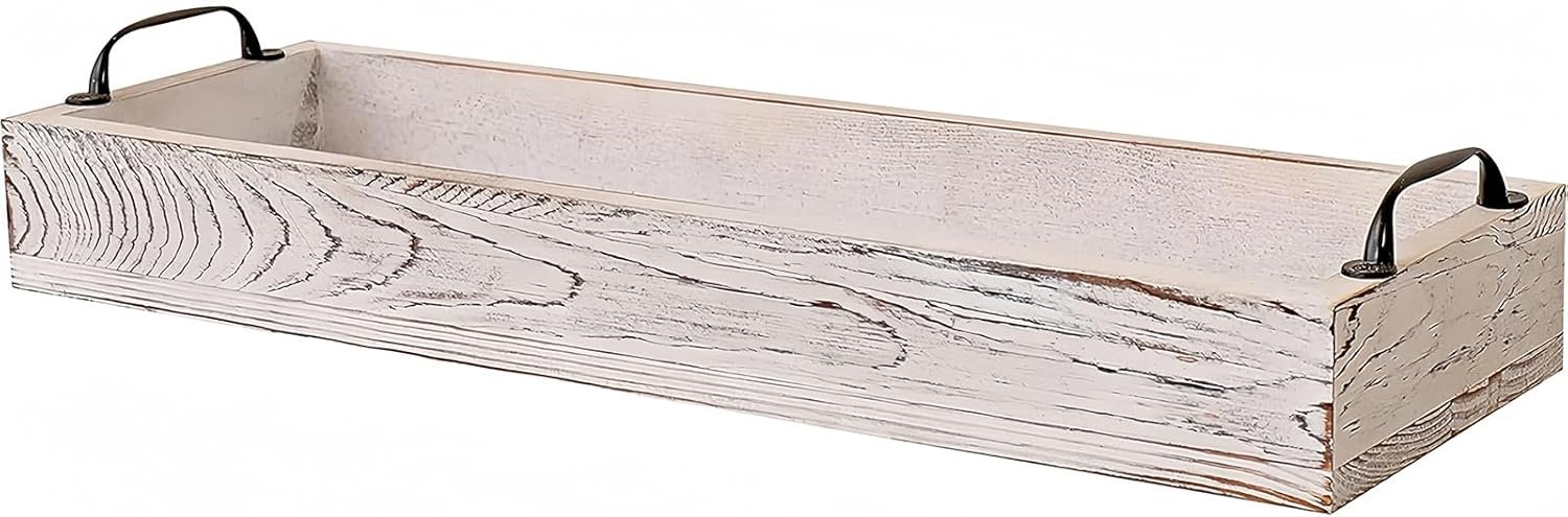 Rustic Wooden Serving Trays Rectangular with Handle,Ottoman Tray for Living Room 16 Inch Long for Serving Wine(whitewashed)