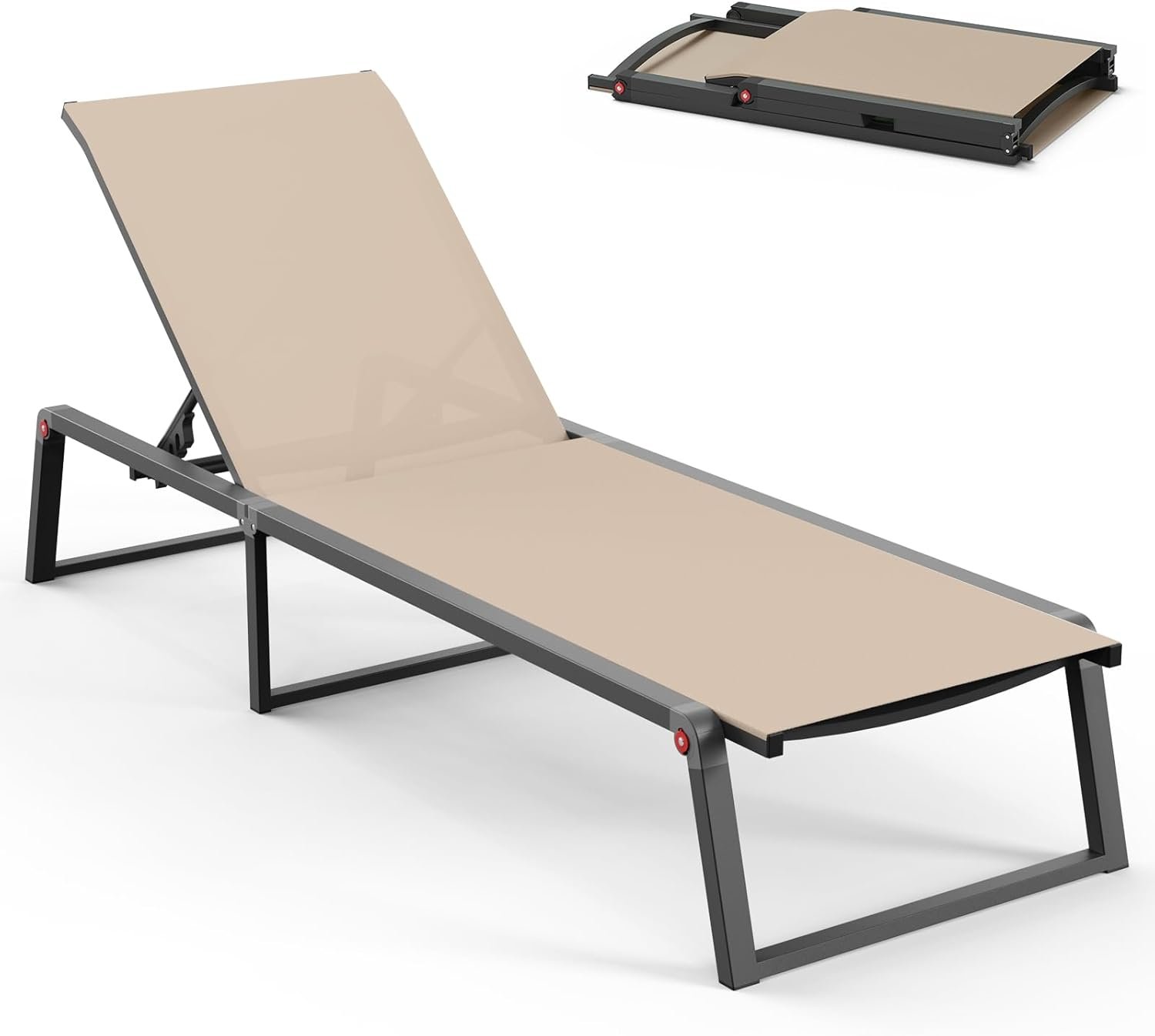 Aluminum Chaise Lounge Chair Outdoor, Foldable& No Assembly Patio Pool Lounge Chairs 5-Position Recliner for Outside, Fully Grounded Legs Sun Lounger for Poolside, Khaki