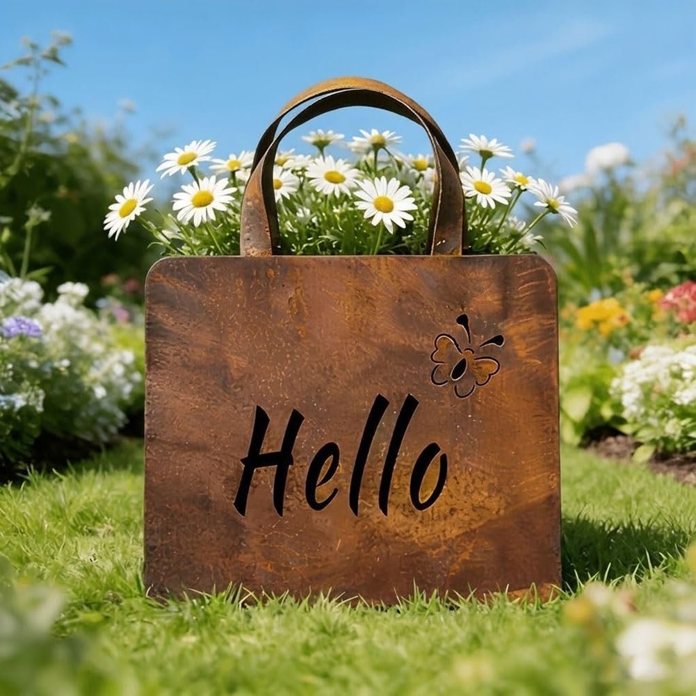 Rustic Metal Handbag Planter Hanging Garden Decor Outside Decorations for Outdoor Yard Patio Decor 10 inch Vintage Purse Flower Pot with Hello Welcome Sign Patios Lawns Flower Bed