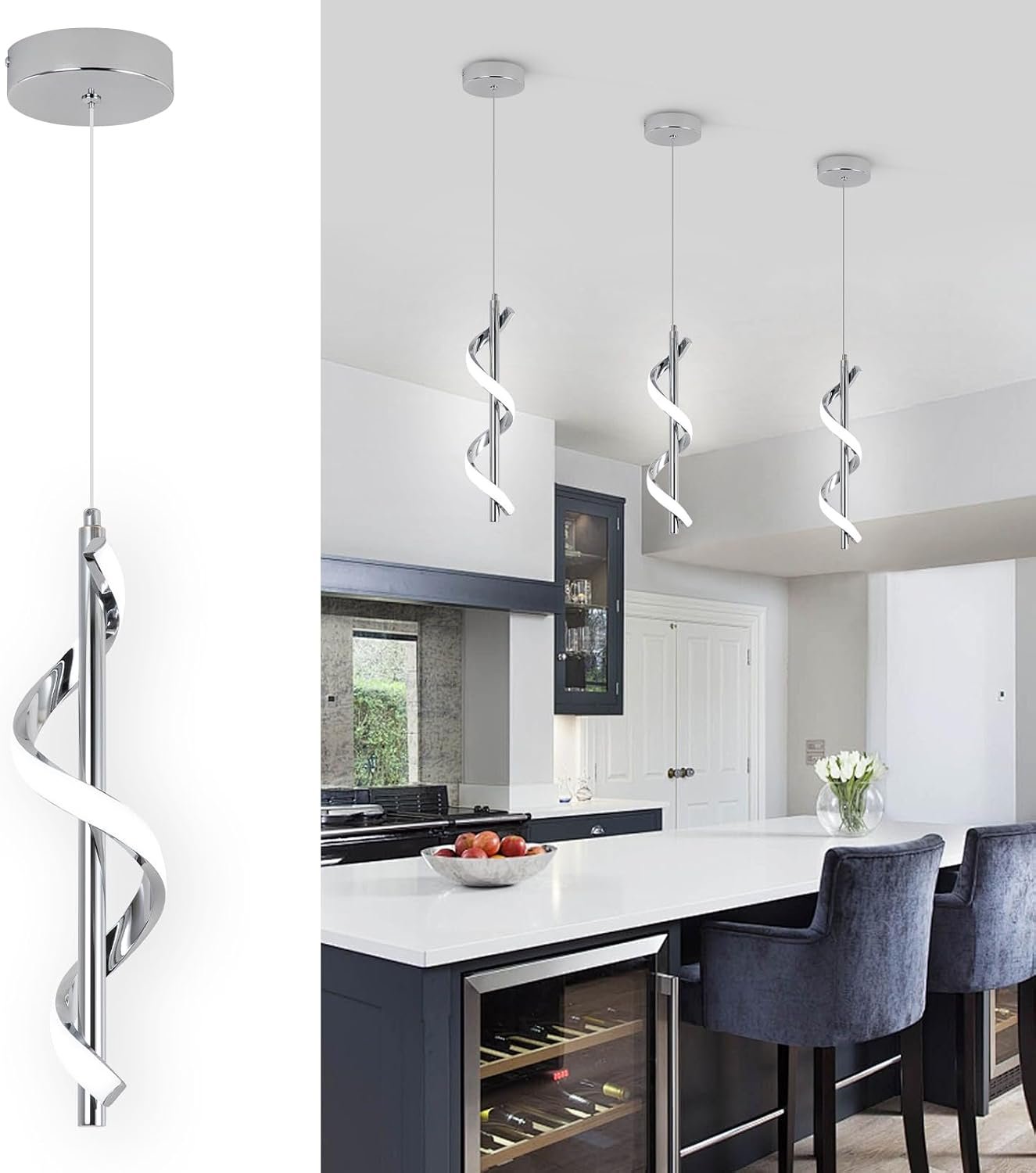 Modern Led Pendant Light Fixtures,6000K Cool White Spiral Led Pendant Lighting for Kitchen Island,Adjustable Height Hanging Light Fixtures for Kitchen Dining Room Living Room,1 Pack