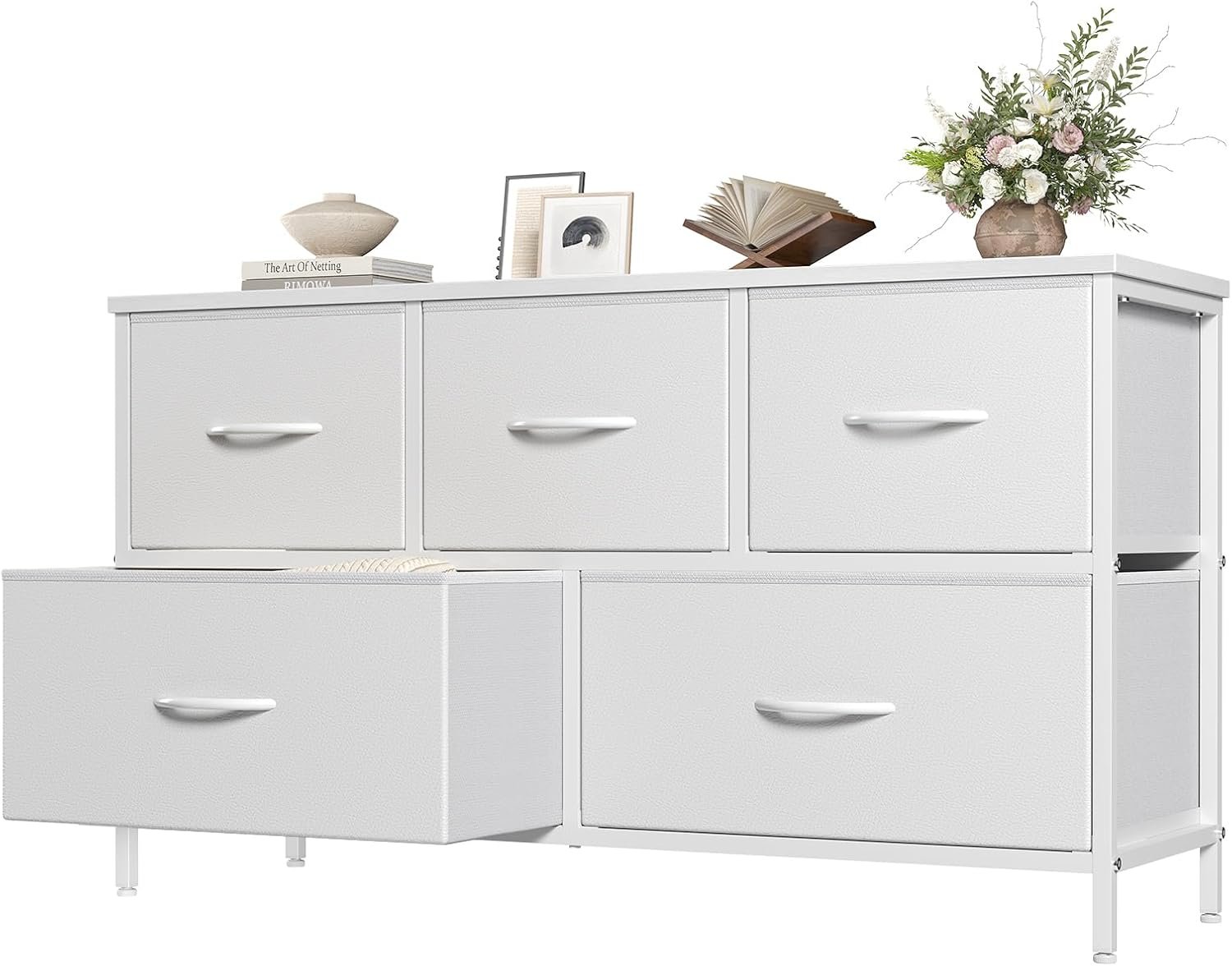 OLIXIS Dresser for Bedroom with 5 Drawers, Wide Chest of Drawers, Fabric Bedroom Dresser with Drawer Organizers, Storage Organizer Unit with Fabric Bins for Closet, Living Room, Hallway,White