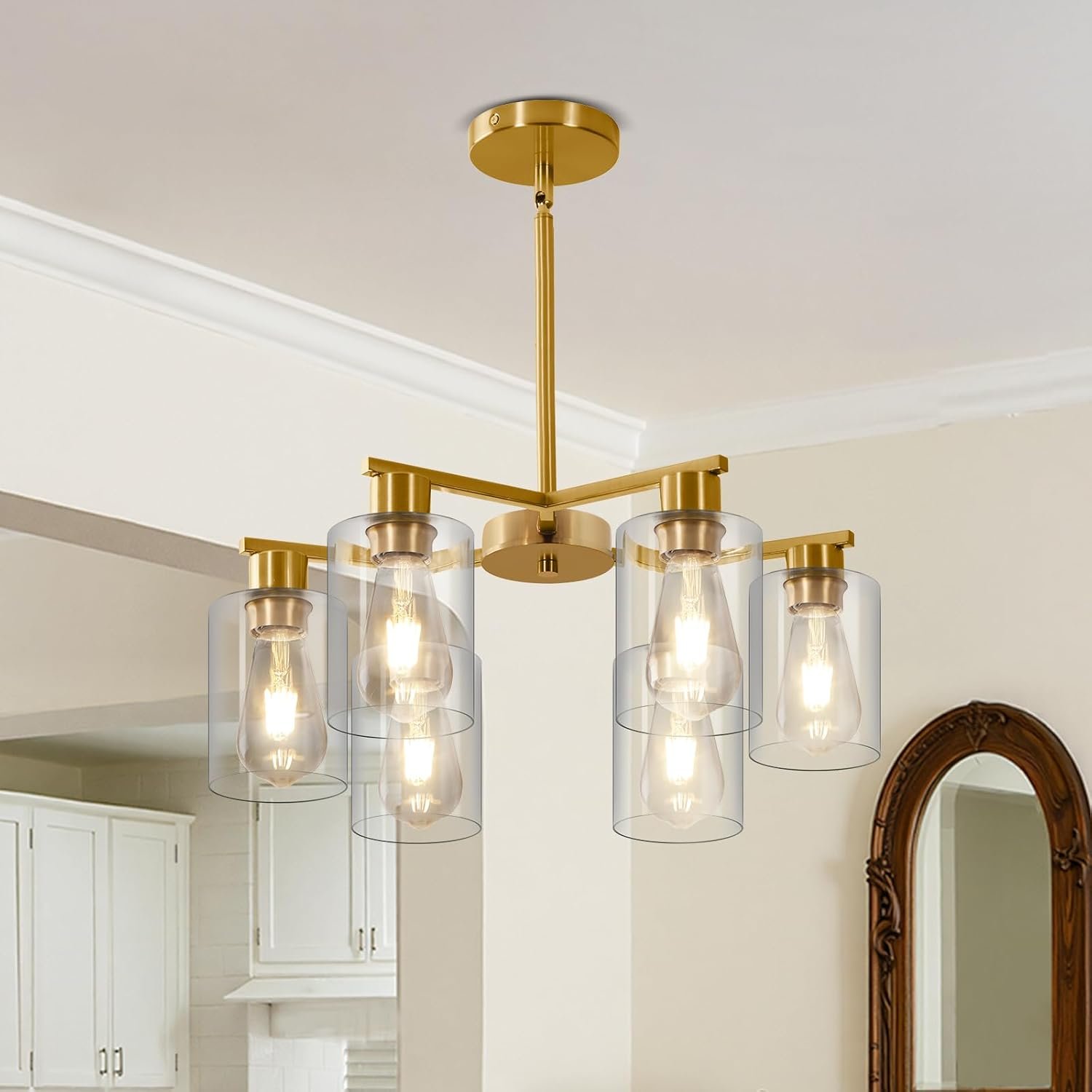 6-Light Modern Gold Chandelier Farmhouse Dining Room Light Fixture with Clear Glass Shade Hanging Ceiling Pendant Lighting for Kitchen Island Living Room Hallway
