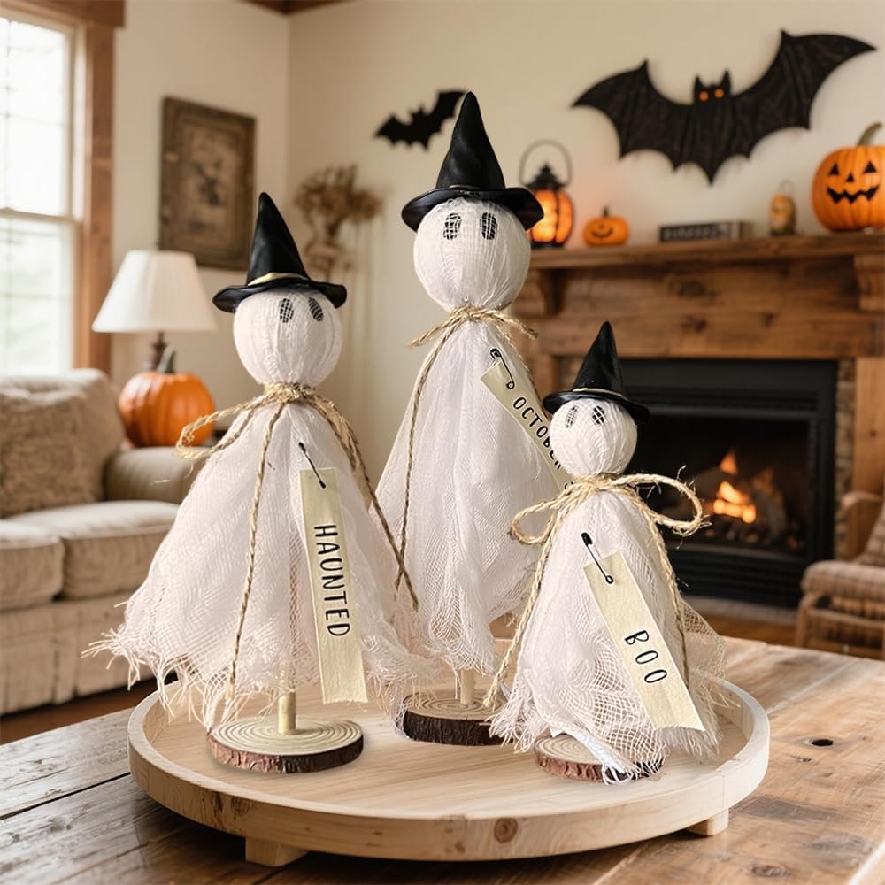 Halloween Decorations Indoor – 3 Set Primitive Halloween Ghosts with Hat, Wooden Stand Ghost Decor for Table Centerpieces, Mantels, Shelves, Vintage Spooky & Festive Party Decor
