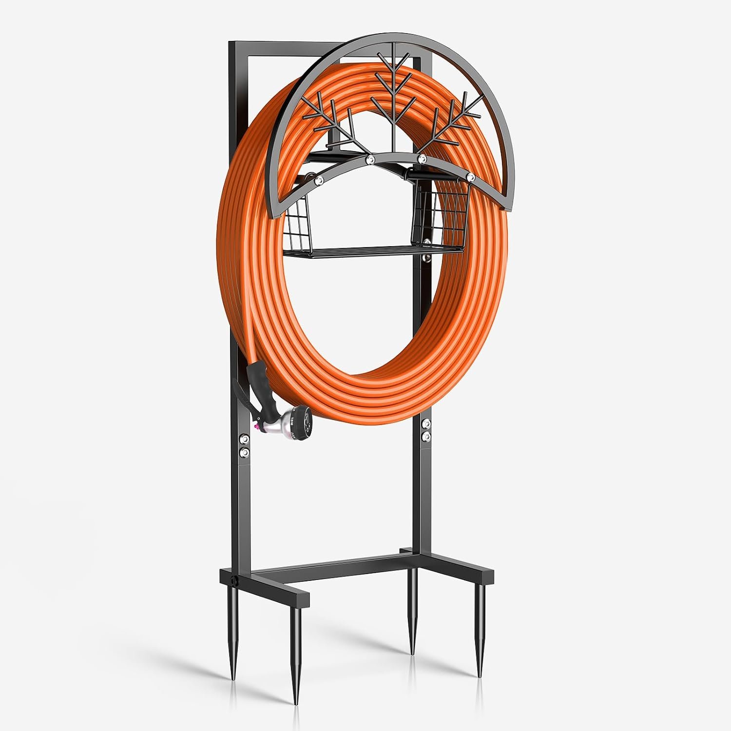 Heavy Duty Garden Hose Holder with Storage Basket, Holds Up to 160FT Hose, Freestanding Metal Water Hose Organizer with 4 Anchor Spikes, for Outdoor Yard Lawn Patio