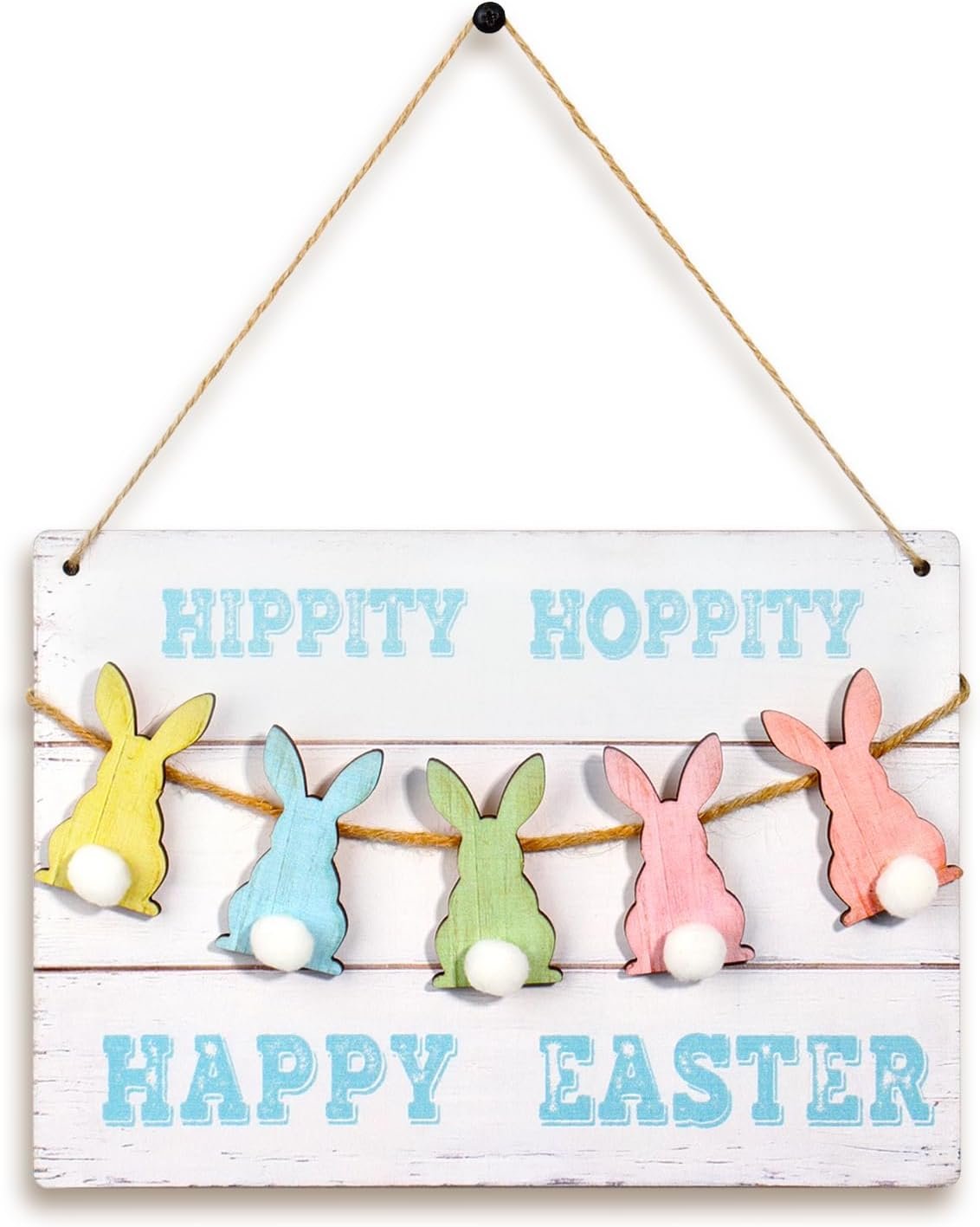 Easter Decorations, Multicolor Wooden Hanging Bunny Door Sign with Happy Easter Greeting, Rustic Vintage Farmhouse Style Wall Decor for Home, Spring Holiday Ornaments (Retro)