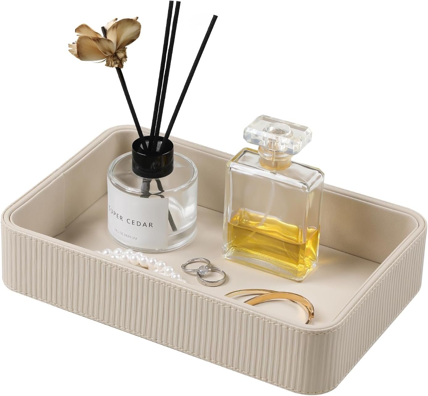 PU Leather Valet Tray Organizer, Modern Nightstand Organizer Bedside Desktop Storage for Womens and Men, Decorative Perfume Trinket Catchall Vanity Tray for Key Watch Wallet (Beige)
