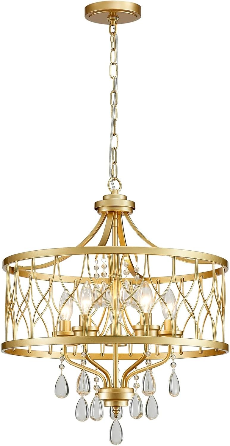 Gold Crystal Chandelier, 5-Light Modern Farmhouse Chandelier for Dining Room Vintage Hanging Pendant Light Fixtures, Gold Round Chandelier for Kitchen Island Entryway Foyer Bedroom Office Bar