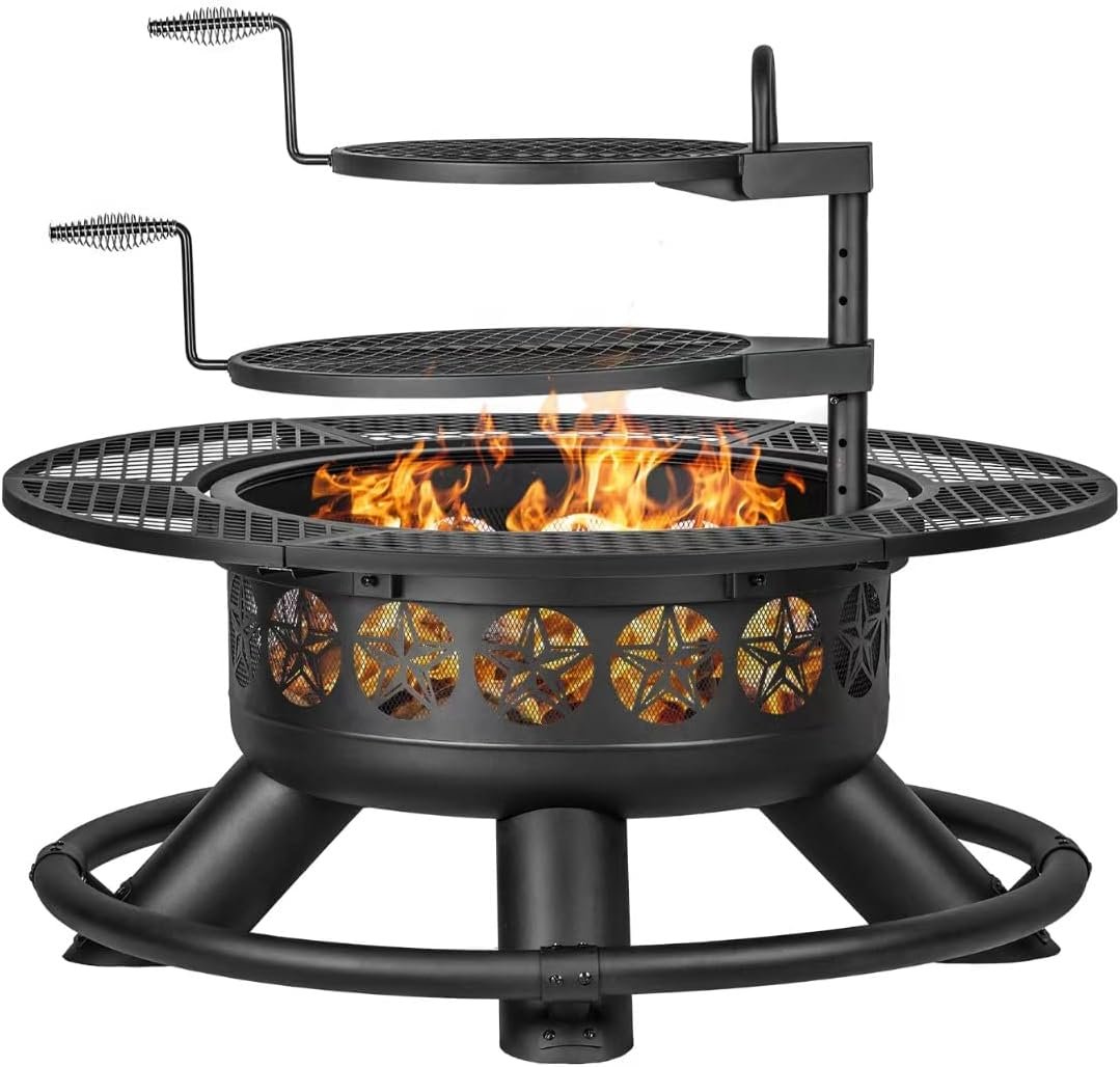 Verdeluxe 47 Inch Outdoor Fire Pit with 2 Grills, Extra Large BBQ Firepits for Outside, Metal Round Fire pits with Lid&Fire Poker,3 in 1 Wood Burning Outdoor Fireplaces for Backyard,Patio,Bonfire