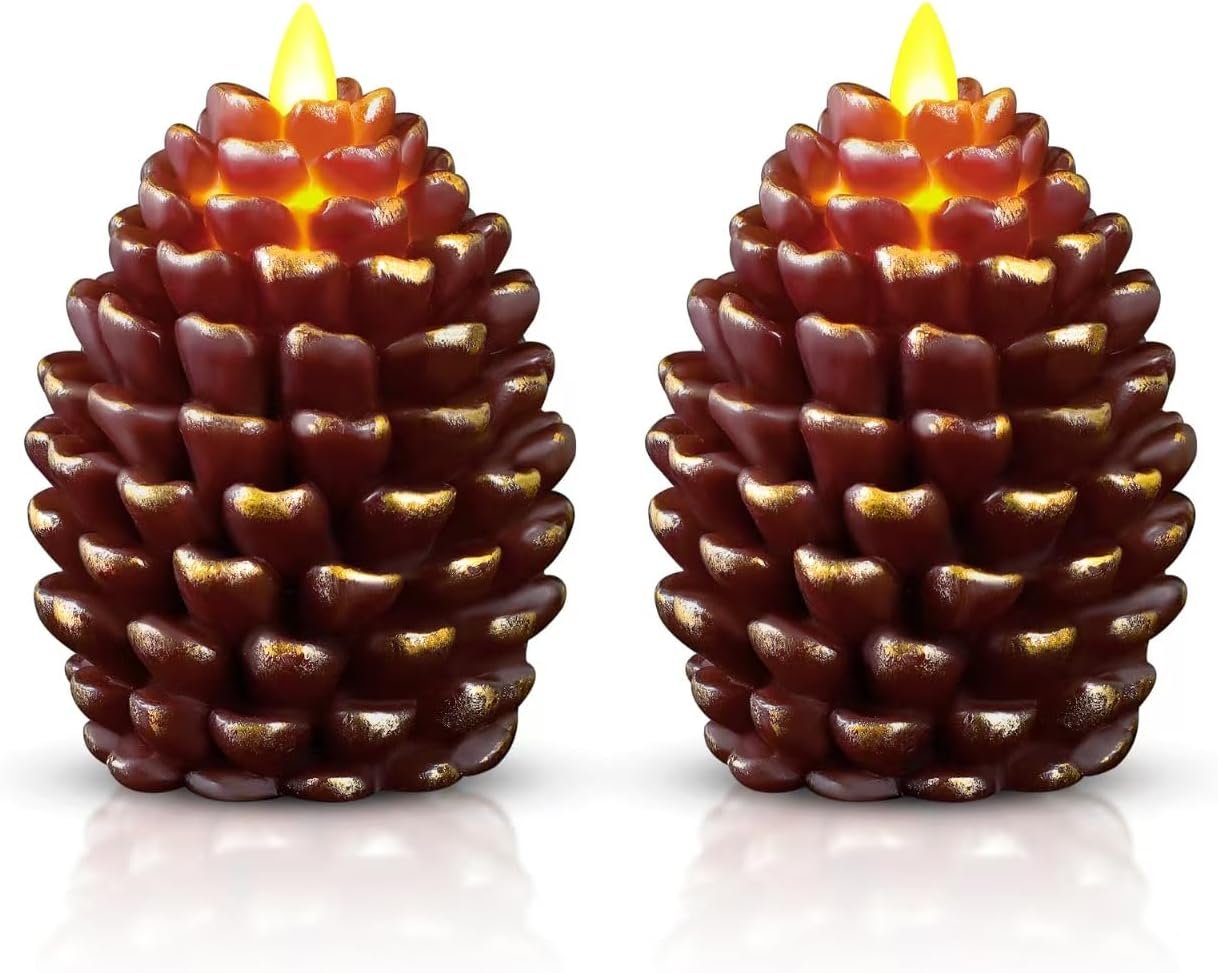 Christmas Pinecone Candles Flameless,Battery Operated Candles with Flickering Wick,Indoors Fake Candle,Christmas Candle Pine Cones Holiday Decor,Winter Thanksgiving Decorations,Set of 2