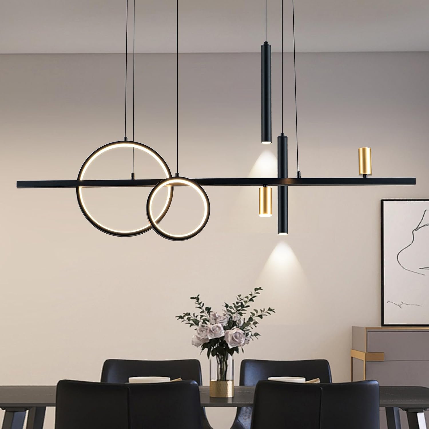 Modern Black LED Dining Room Light Fixture with Remote Control, 47″ 36W 3-Color Temp Stepless Dimmable Island Pendant Lights, Hanging Adjustable Linear Chandelier for Kitchen Bar