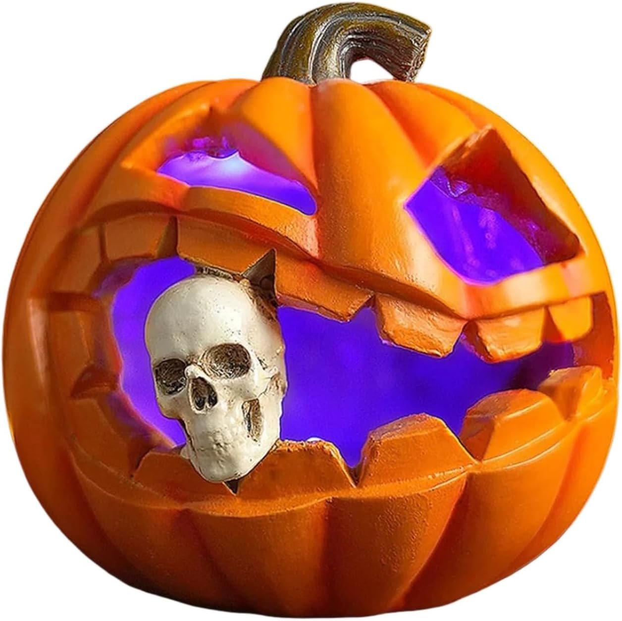 Resin Thanksgiving Day Pumpkin Lantern Skull Figurines with LED Lights, Spooky Jack O’ Lantern Statue for Indoor & Outdoor Halloween Decor, Table Centerpiece for Living Room, Bedroom, Party, Yard