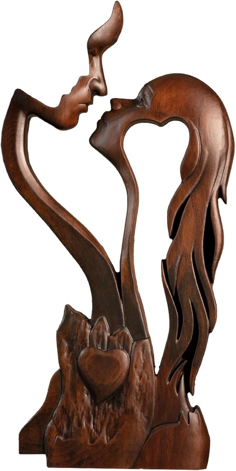 BGCOPPER Wooden Kissing Couple Ornament, Abstract Couple Portrait Sculpture Romantic Love Statue Decor Gift for Women Anniversary Valentine Wedding – 10 Inch