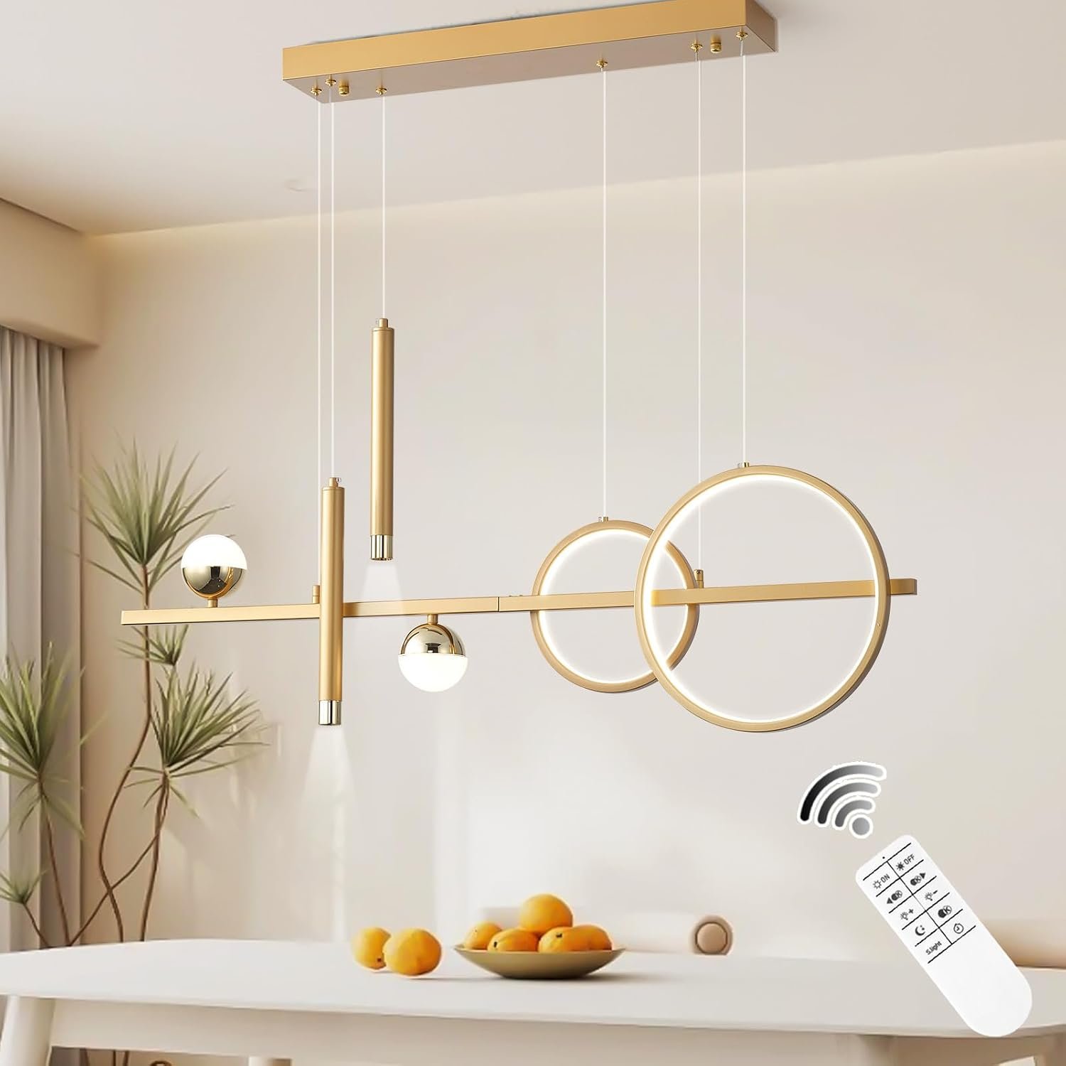 ORANOOR LED Gold Chandeliers for Dining Room, 39in Dimmable Modern Chandelier Gold Pendant Lights for Kitchen Island, Linear Ring Globe Pendant Light Fixtures Dining Room Lights Ceiling Hanging