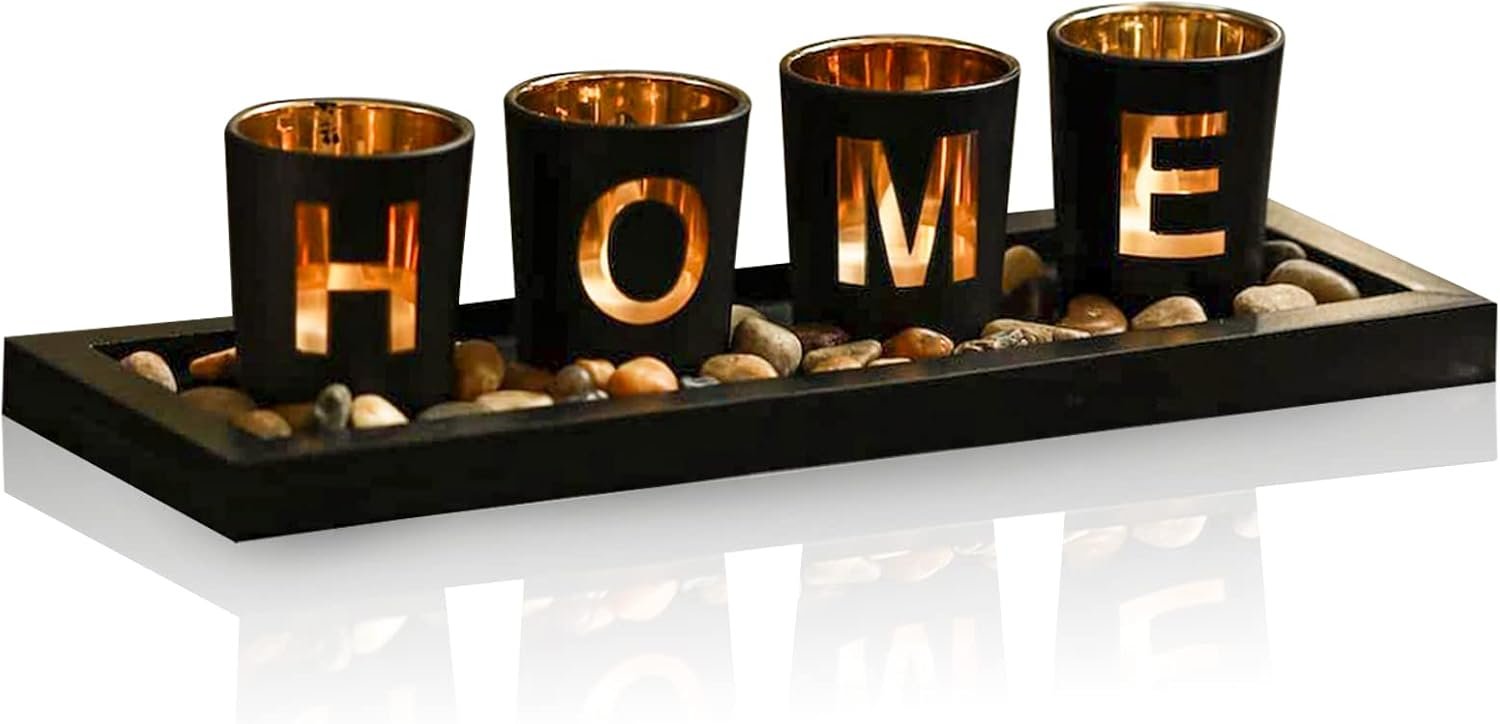 Home Decorative Candle Holder Set, 4 Glass Tea Light Candleholders with Wooden Candle Holders Tray, Natural Pebbles for Home Decor Table Decorations Centerpiece