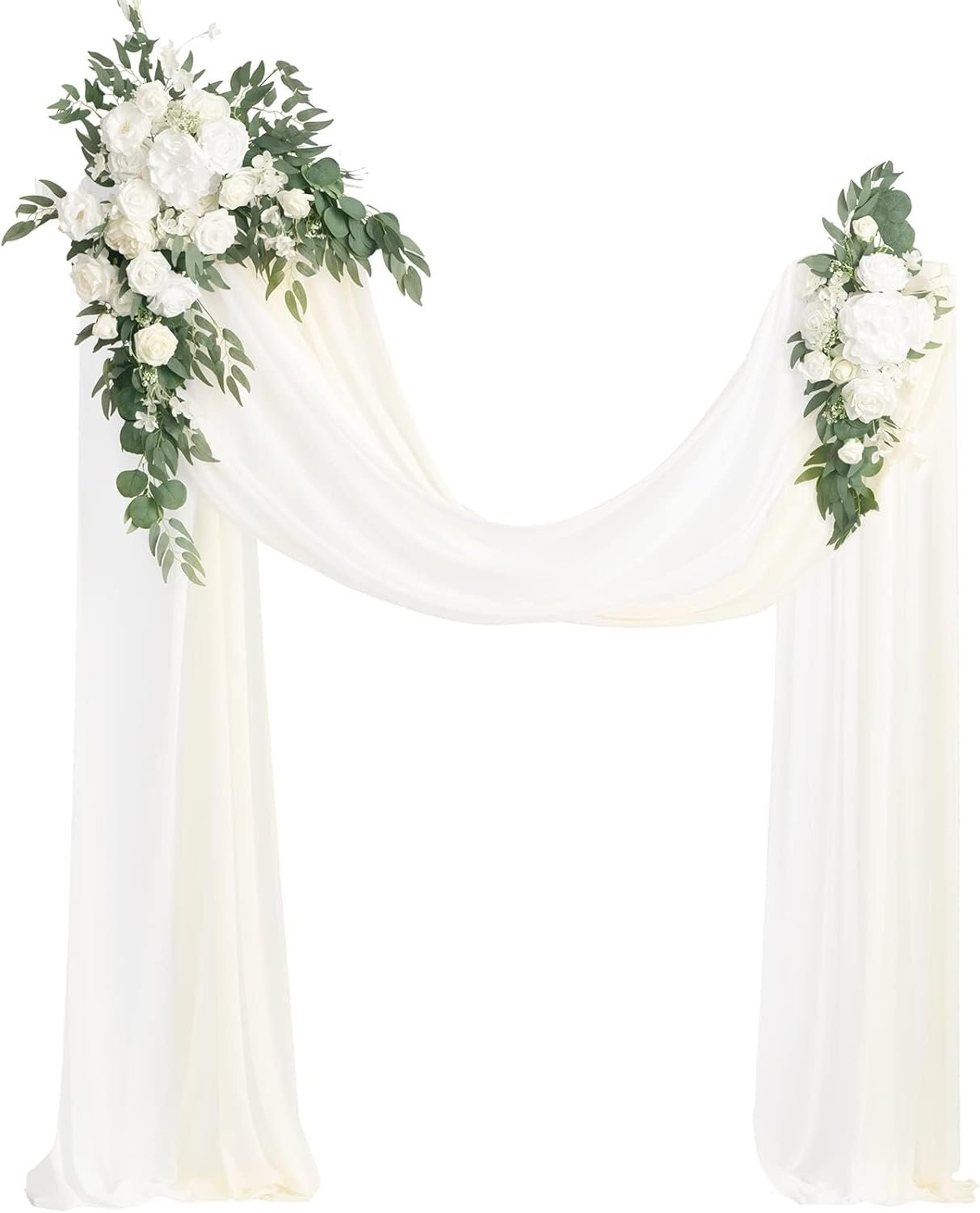Ling’s moment Artificial Wedding Arch Flowers Kit Pack of 4, 2pcs Hanging Silk Flowers Arrangement 2pcs Chiffon Drapes Ceremony Spring Fake Rose Arbor Backdrop White Sage Floral Party Outdoor Decor