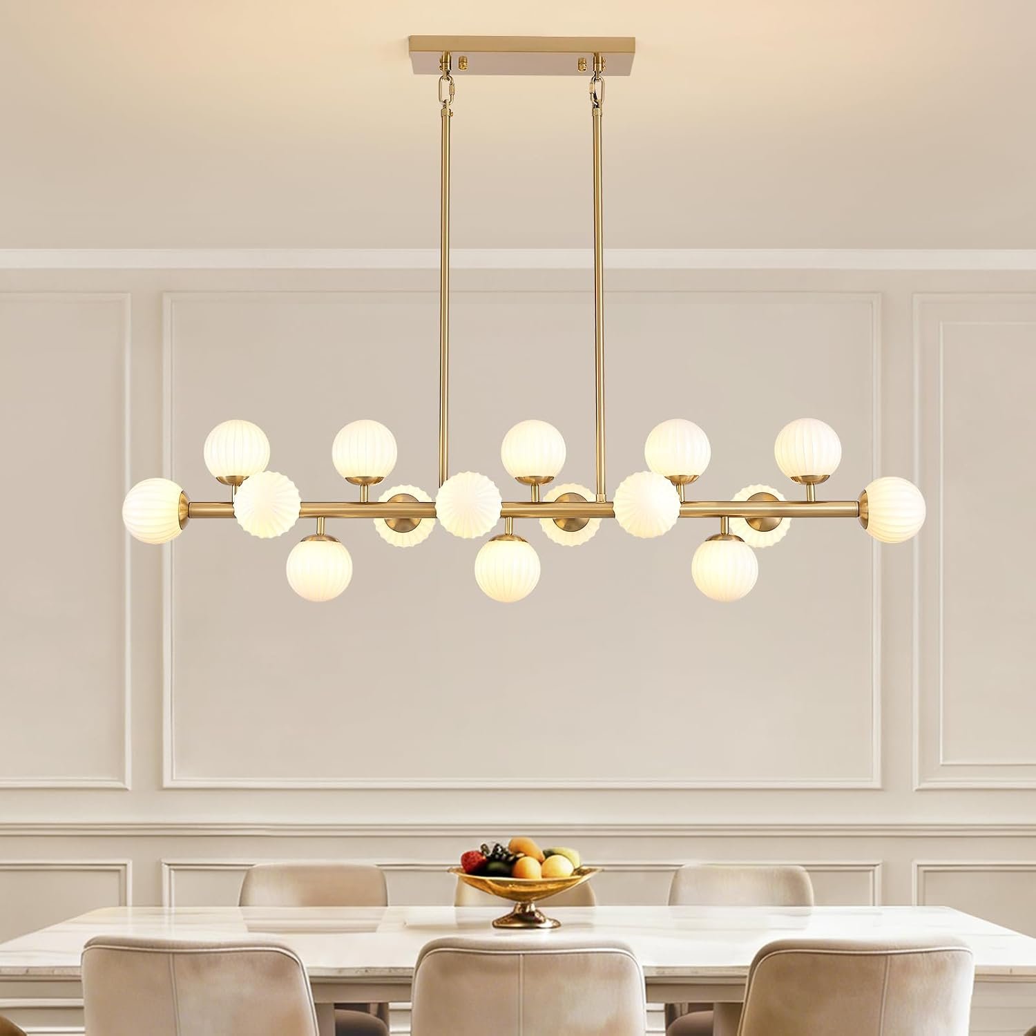 16-Light Gold Sputnik Chandelier,3CCT Dimmable,48” Mid-Century Modern Linear Chandelier with Ribbed Milk White Bubble,Adjustable Height Chandelier Over Table for Kitchen Island,Dining Room,Living Room