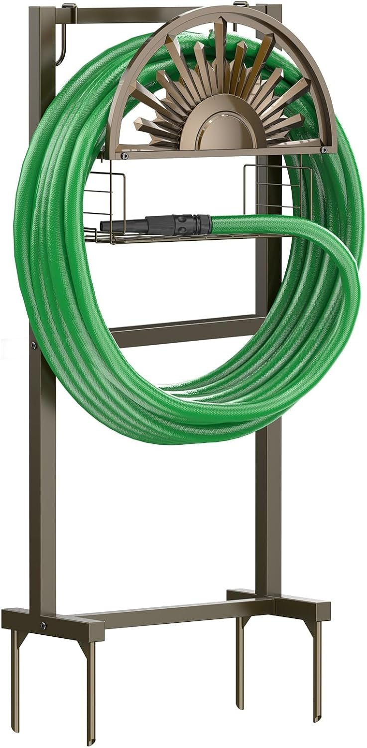 GOFORWILD Garden Hose Reel with Storage Basket, 4 Spikes | Freestanding Water Hose Stand, Holds 150ft of 5/8 Hose for Outside Patio Yard Lawn with 2 Hooks, Heavy Duty Hose Storage