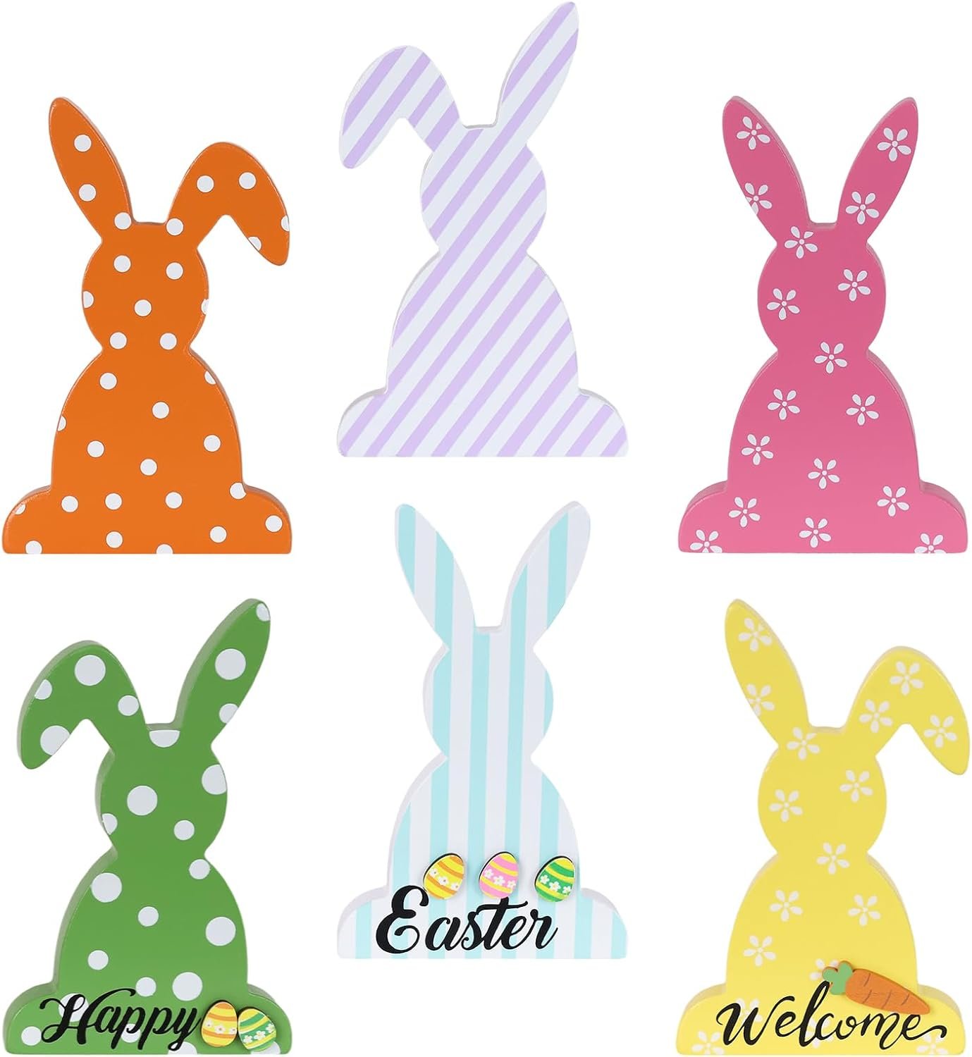 Easter Decorations, 6 PCS Bunny Farmhouse Wood Block Easter Decor, Welcome Sign Bunny Family Centerpieces Decorations Indoor for Living Room, Tables, Mantel