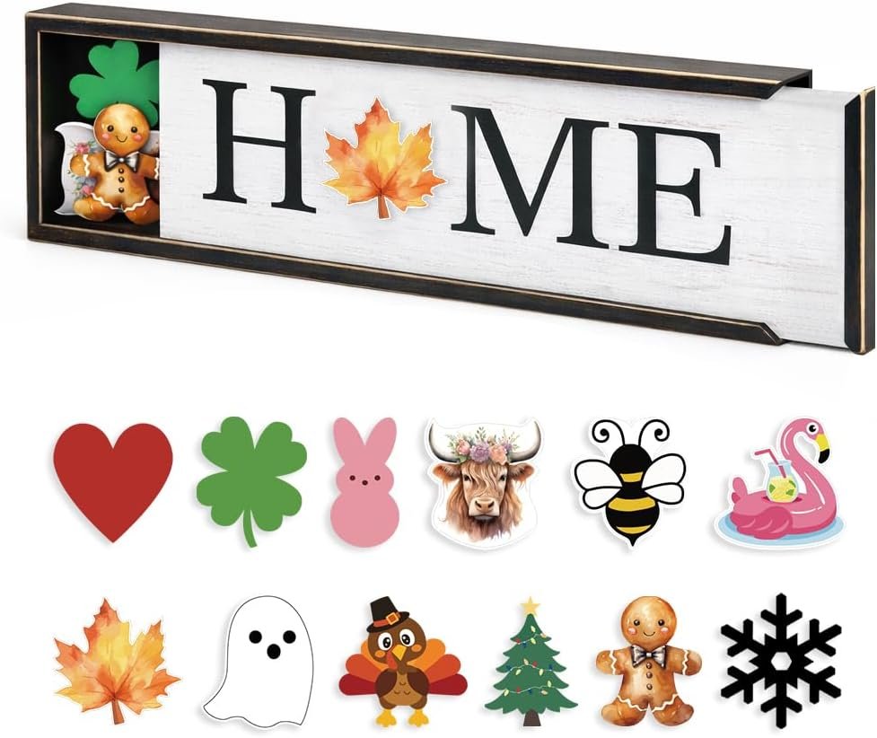 nuvagiki Interchangeable Seasonal Home Sign with 12 Icons, Farmhouse Wooden Table Decor, Rustic Tiered Tray Decorations for Holidays, Spring Summer Fall Christmas Home Decor