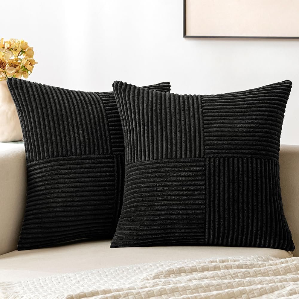 MIULEE Black Decorative Throw Pillow Covers 18×18 Inch for Couch Bed Sofa Pack of 2 Boho Farmhouse Throw Pillows Soft Cross Corduroy Patchwork Textured Cushion Cases