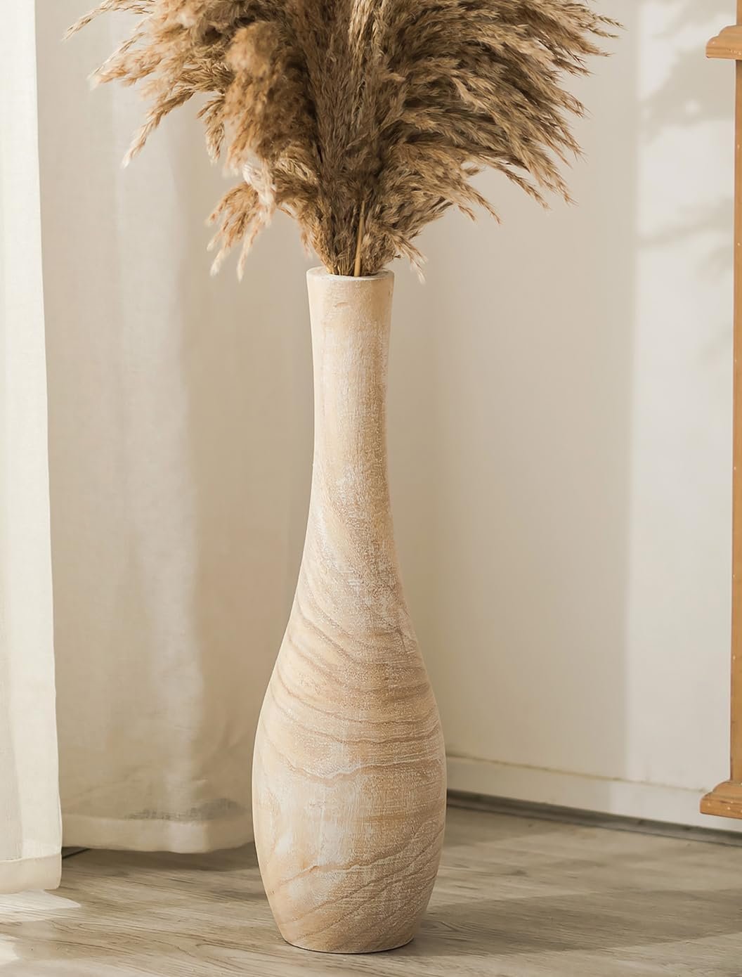 Hanobe Wood Tall Floor Vase: 22 Inch Slender Beige Boho Vase for Pampas Grass – Decorative Large Vases for Farmhouse Living Room Corner Entryway Fireplace Home Decor